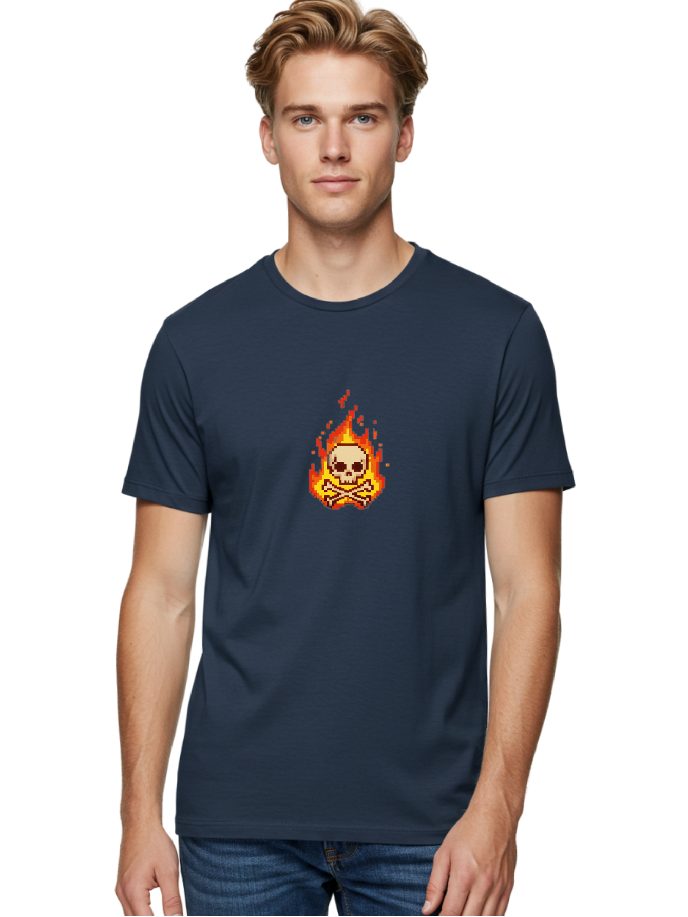 Pixel-Skull-And-Crossbones Men'S Graphic Tee, 100% Cotton, Comfortable Casual Summer Wear, Machine Washable, Death Symbol, Danger Sign, Warning Sign, Skull And Crossbones, Pixel Art, Retro Gaming, Grunge Aesthetics, Fiery Flames, Bae242 20
