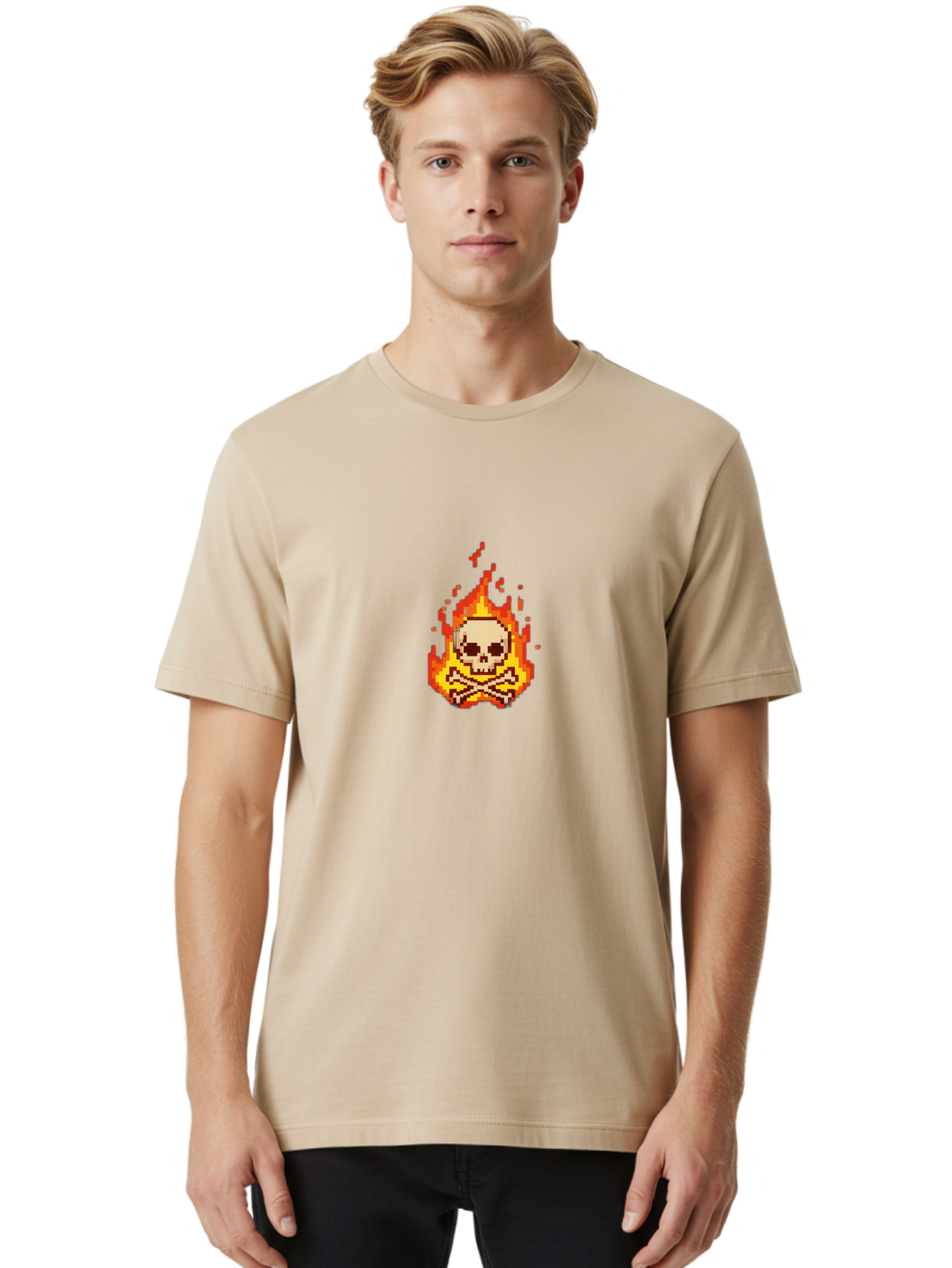 Pixel-Skull-And-Crossbones Men'S Graphic Tee, 100% Cotton, Comfortable Casual Summer Wear, Machine Washable, Death Symbol, Danger Sign, Warning Sign, Skull And Crossbones, Pixel Art, Retro Gaming, Grunge Aesthetics, Fiery Flames, Bae242 17