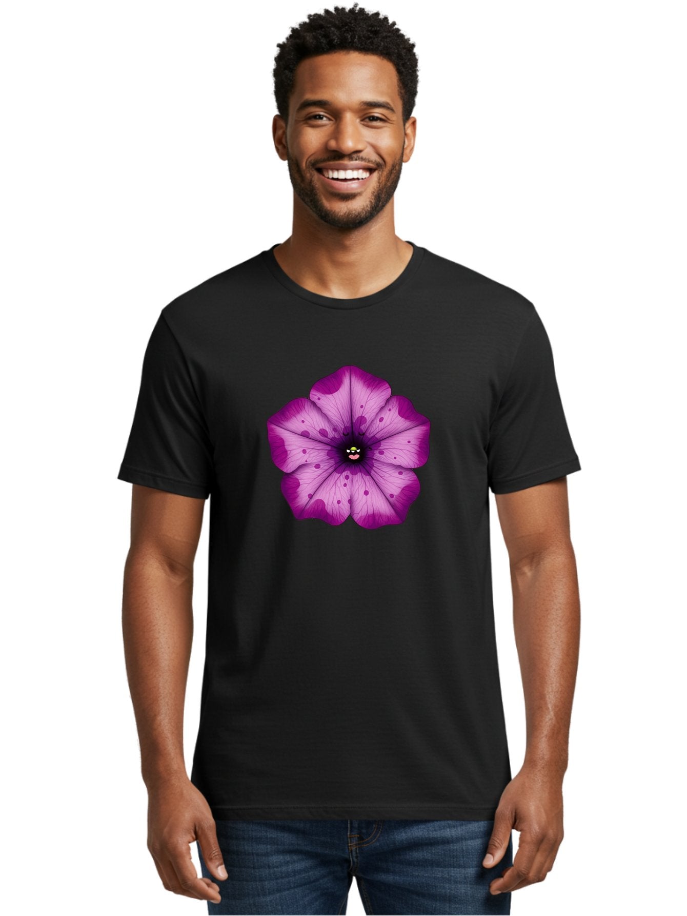 Purple-Flower Men'S Graphic Tee, 100% Cotton, Comfortable Casual Summer Wear, Machine Washable, Purple Flower, Cartoon Style, Vibrant Colors, Whimsical Design, Floral Pattern, Playful Character, Purple Petals, Spotty Design Bae243 17