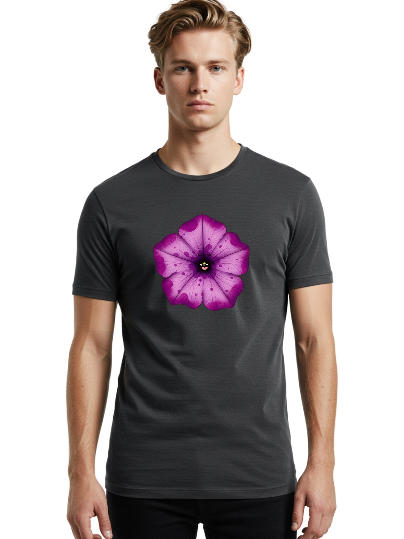 Purple-Flower Men'S Graphic Tee, 100% Cotton, Comfortable Casual Summer Wear, Machine Washable, Purple Flower, Cartoon Style, Vibrant Colors, Whimsical Design, Floral Pattern, Playful Character, Purple Petals, Spotty Design Bae243 29