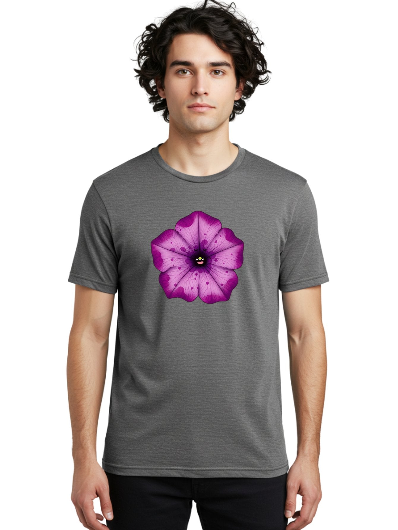 Purple-Flower Men'S Graphic Tee, 100% Cotton, Comfortable Casual Summer Wear, Machine Washable, Purple Flower, Cartoon Style, Vibrant Colors, Whimsical Design, Floral Pattern, Playful Character, Purple Petals, Spotty Design Bae243 24