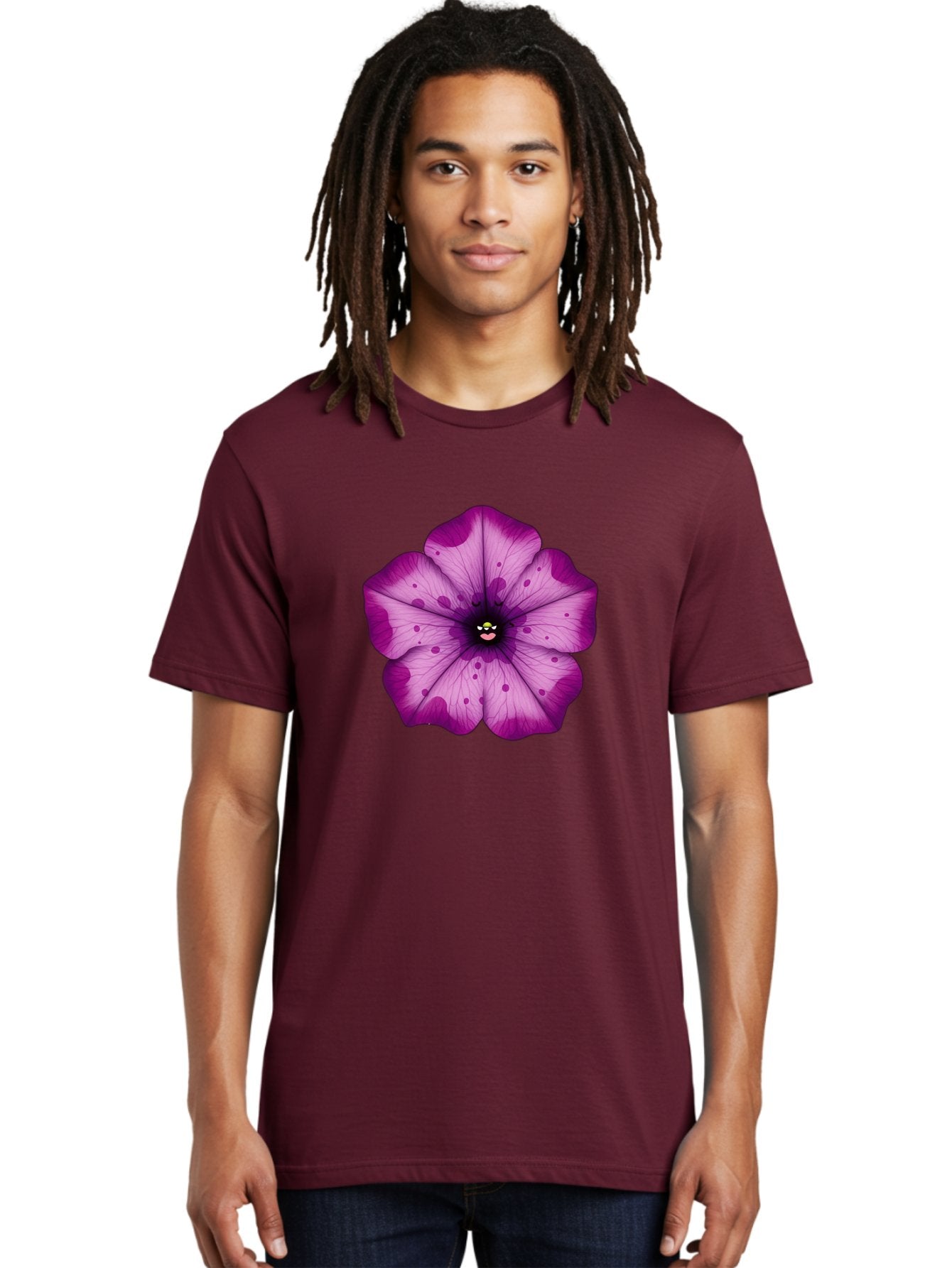 Purple-Flower Men'S Graphic Tee, 100% Cotton, Comfortable Casual Summer Wear, Machine Washable, Purple Flower, Cartoon Style, Vibrant Colors, Whimsical Design, Floral Pattern, Playful Character, Purple Petals, Spotty Design Bae243 27