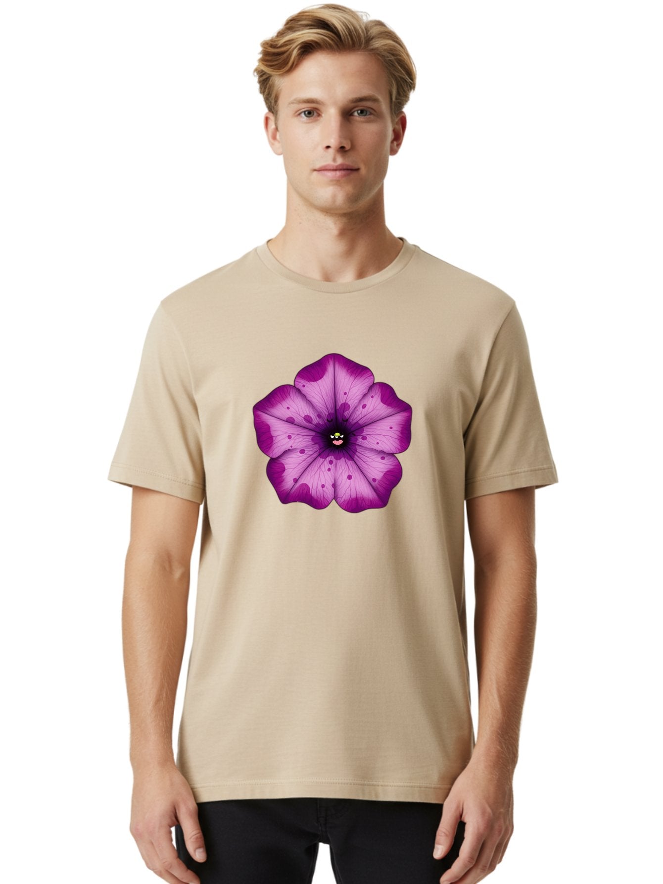 Purple-Flower Men'S Graphic Tee, 100% Cotton, Comfortable Casual Summer Wear, Machine Washable, Purple Flower, Cartoon Style, Vibrant Colors, Whimsical Design, Floral Pattern, Playful Character, Purple Petals, Spotty Design Bae243 26