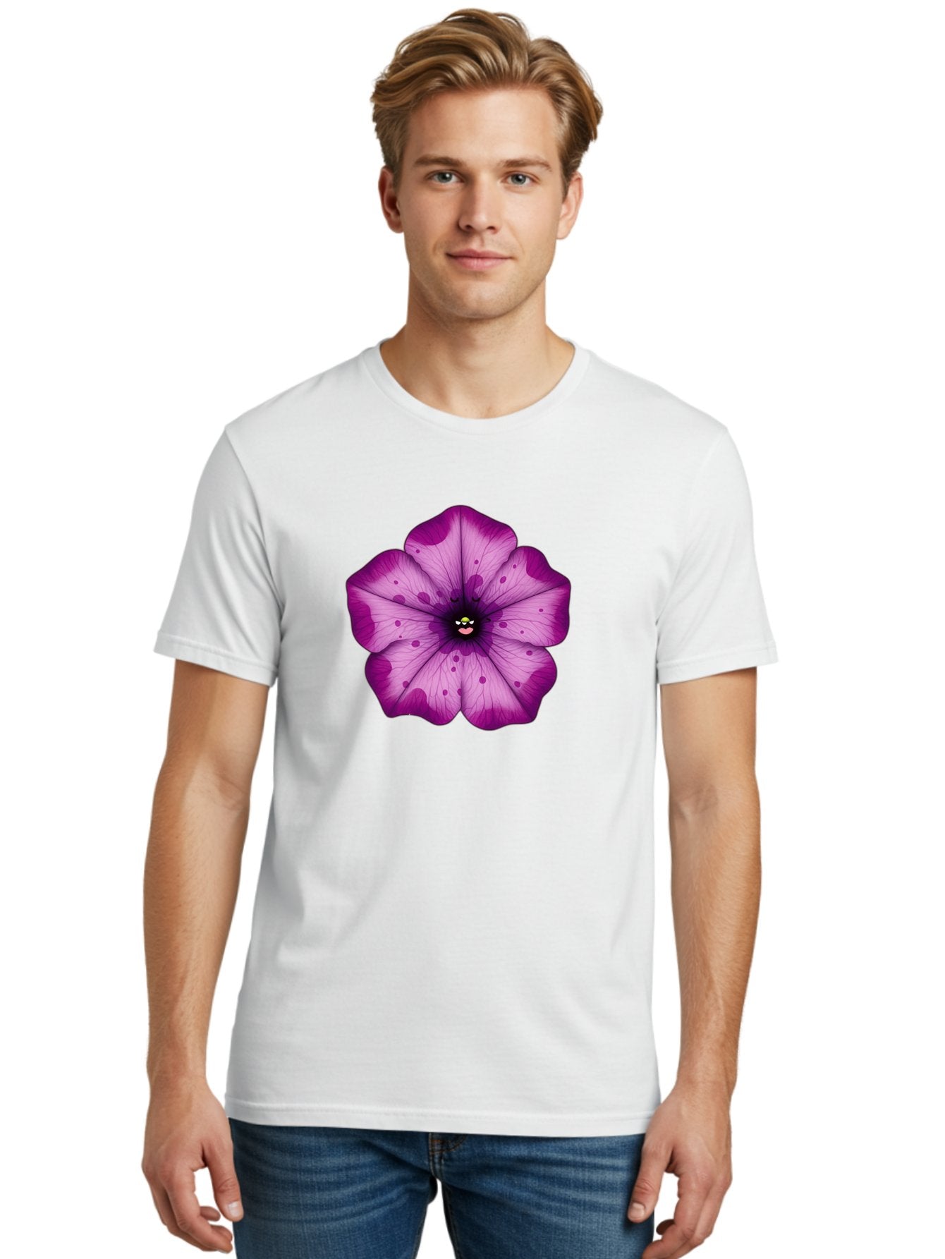 Purple-Flower Men'S Graphic Tee, 100% Cotton, Comfortable Casual Summer Wear, Machine Washable, Purple Flower, Cartoon Style, Vibrant Colors, Whimsical Design, Floral Pattern, Playful Character, Purple Petals, Spotty Design Bae243 28