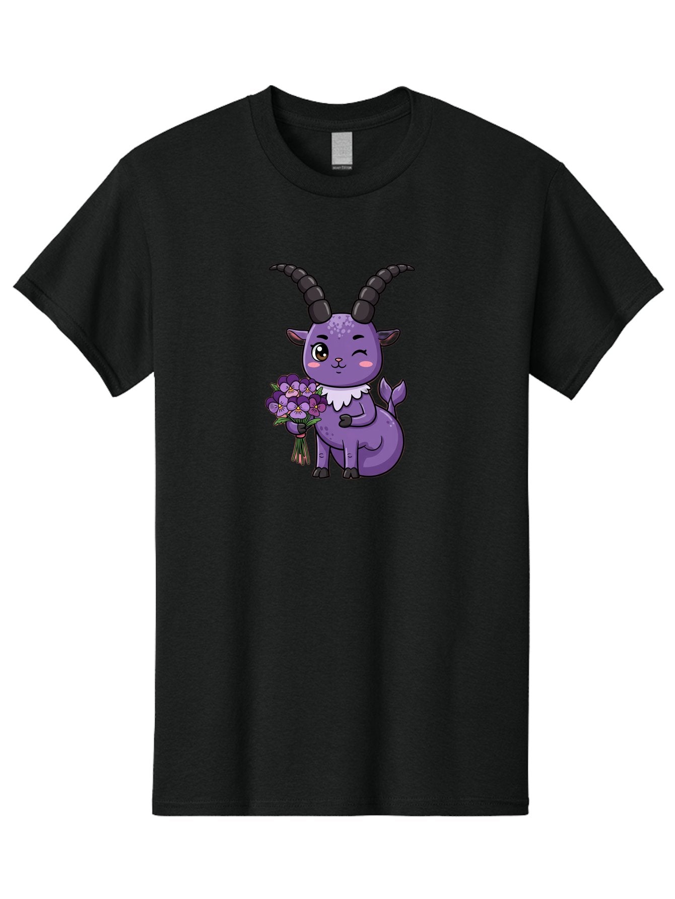 Purple-Goat Men'S Graphic Tee, 100% Cotton, Comfortable Casual Summer Wear, Machine Washable, Kawaii Goat, Cartoon Character, Purple Goat, Bouquet Of Flowers, Whimsical Design, Fantasy Creature, Adorable Illustration, Purple Flowers, Bae244 3