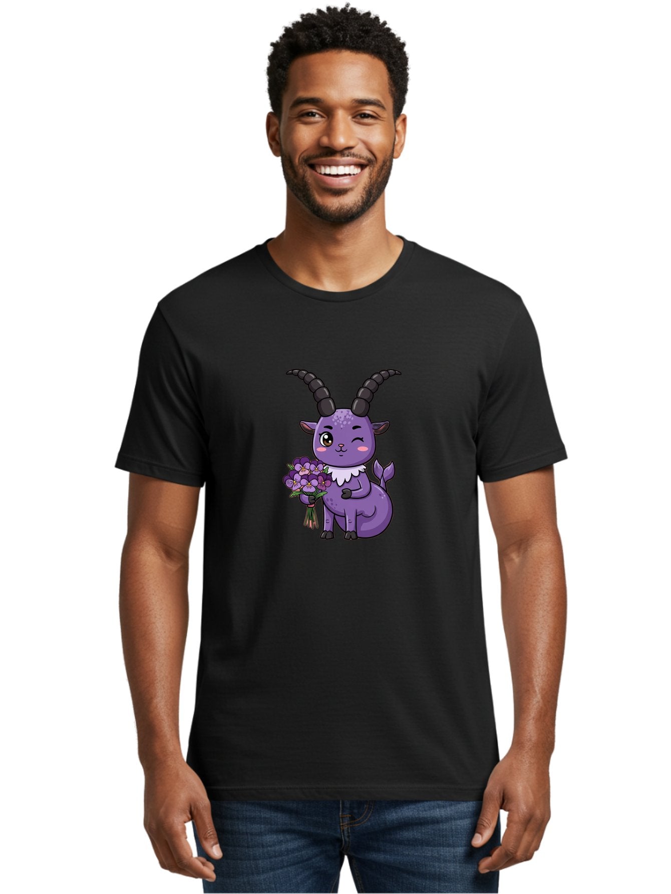 Purple-Goat Men'S Graphic Tee, 100% Cotton, Comfortable Casual Summer Wear, Machine Washable, Kawaii Goat, Cartoon Character, Purple Goat, Bouquet Of Flowers, Whimsical Design, Fantasy Creature, Adorable Illustration, Purple Flowers, Bae244 22