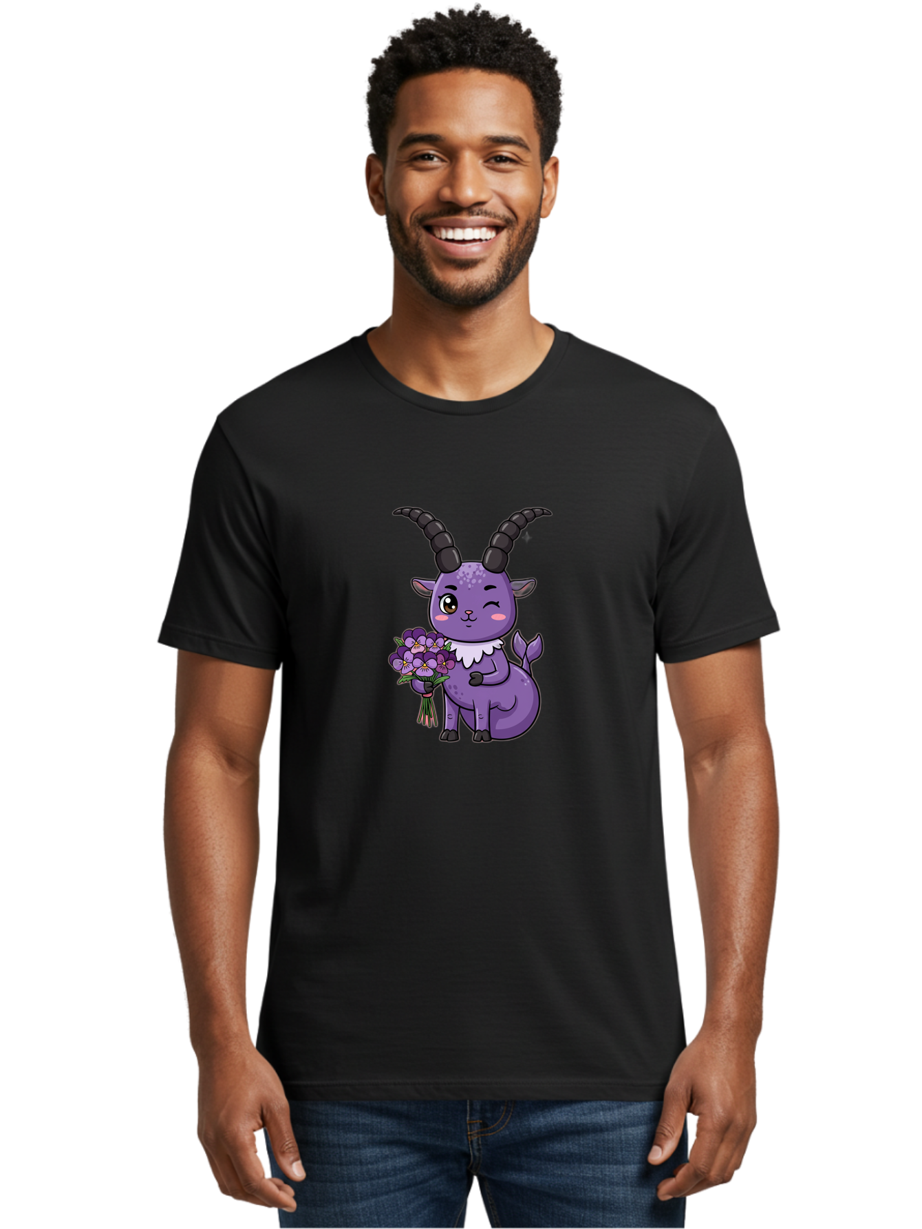 Purple-Goat Men'S Graphic Tee, 100% Cotton, Comfortable Casual Summer Wear, Machine Washable, Kawaii Goat, Cartoon Character, Purple Goat, Bouquet Of Flowers, Whimsical Design, Fantasy Creature, Adorable Illustration, Purple Flowers, Bae244 24