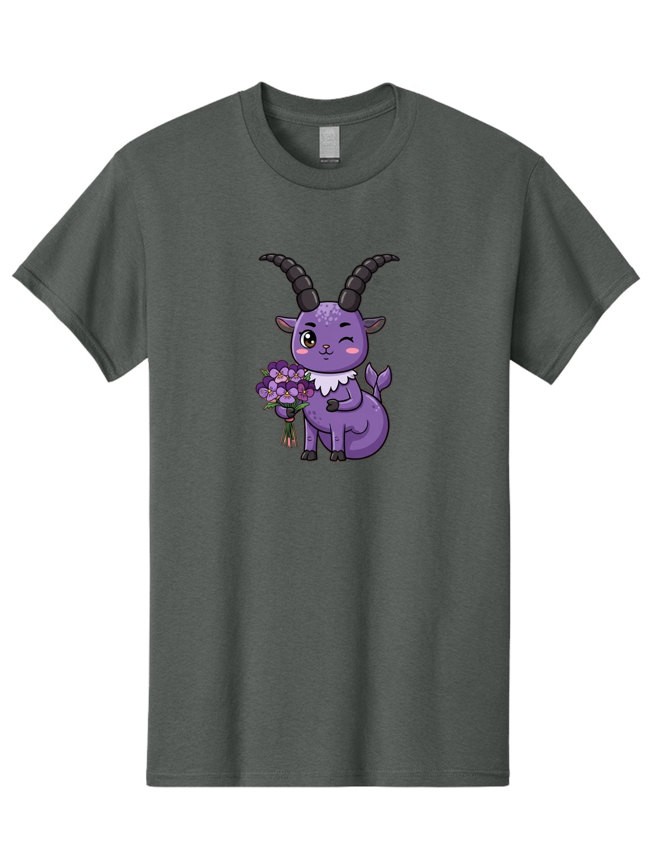 Purple-Goat Men'S Graphic Tee, 100% Cotton, Comfortable Casual Summer Wear, Machine Washable, Kawaii Goat, Cartoon Character, Purple Goat, Bouquet Of Flowers, Whimsical Design, Fantasy Creature, Adorable Illustration, Purple Flowers, Bae244 6