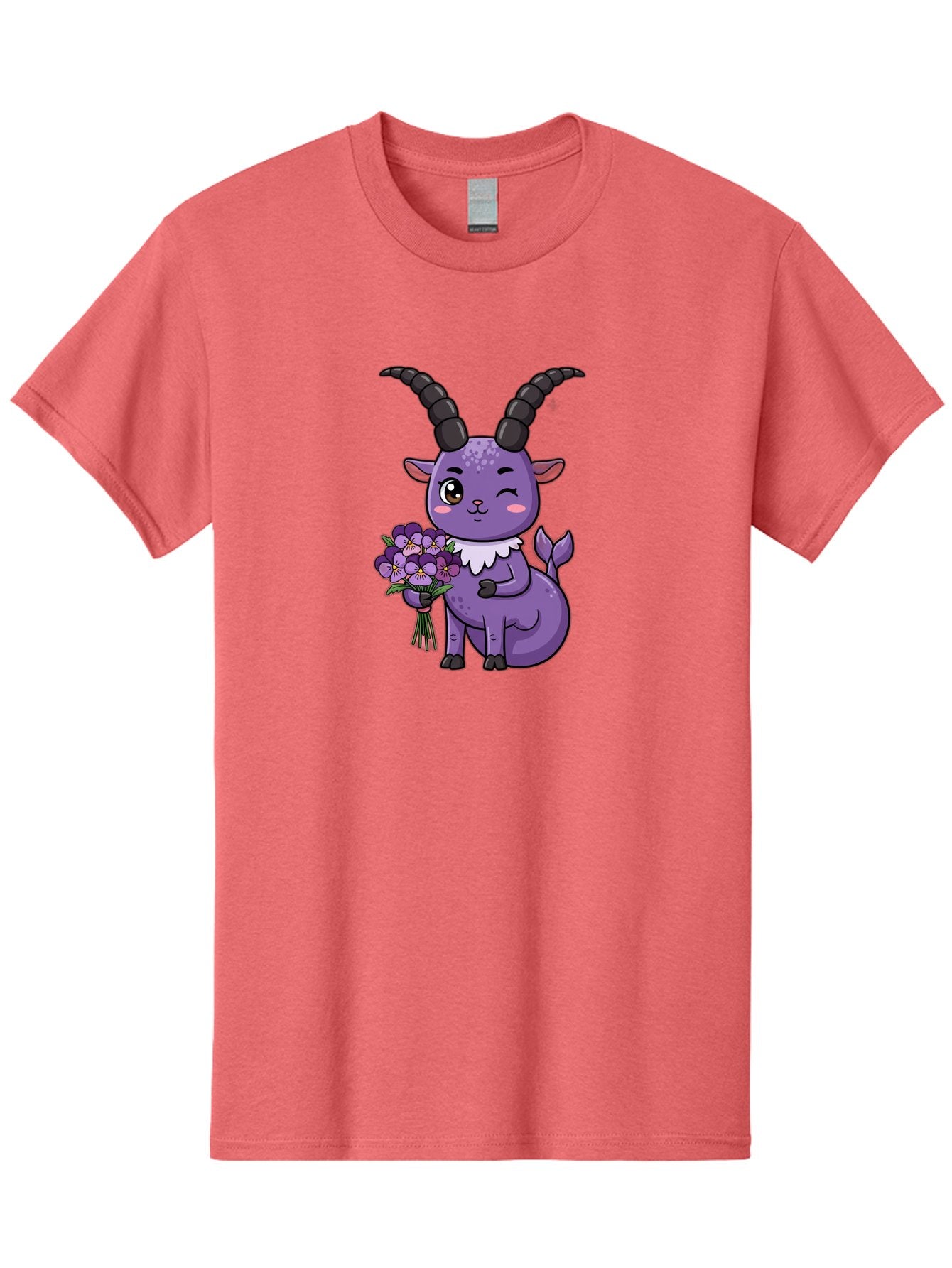 Purple-Goat Men'S Graphic Tee, 100% Cotton, Comfortable Casual Summer Wear, Machine Washable, Kawaii Goat, Cartoon Character, Purple Goat, Bouquet Of Flowers, Whimsical Design, Fantasy Creature, Adorable Illustration, Purple Flowers, Bae244 10