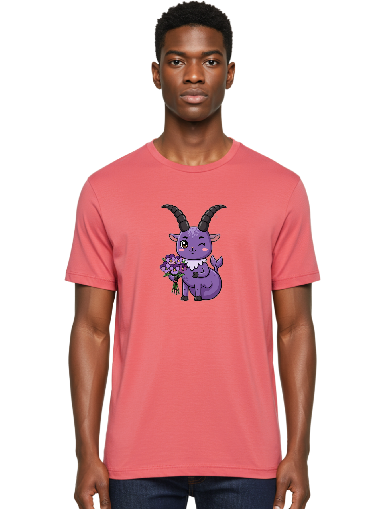Purple-Goat Men'S Graphic Tee, 100% Cotton, Comfortable Casual Summer Wear, Machine Washable, Kawaii Goat, Cartoon Character, Purple Goat, Bouquet Of Flowers, Whimsical Design, Fantasy Creature, Adorable Illustration, Purple Flowers, Bae244 29