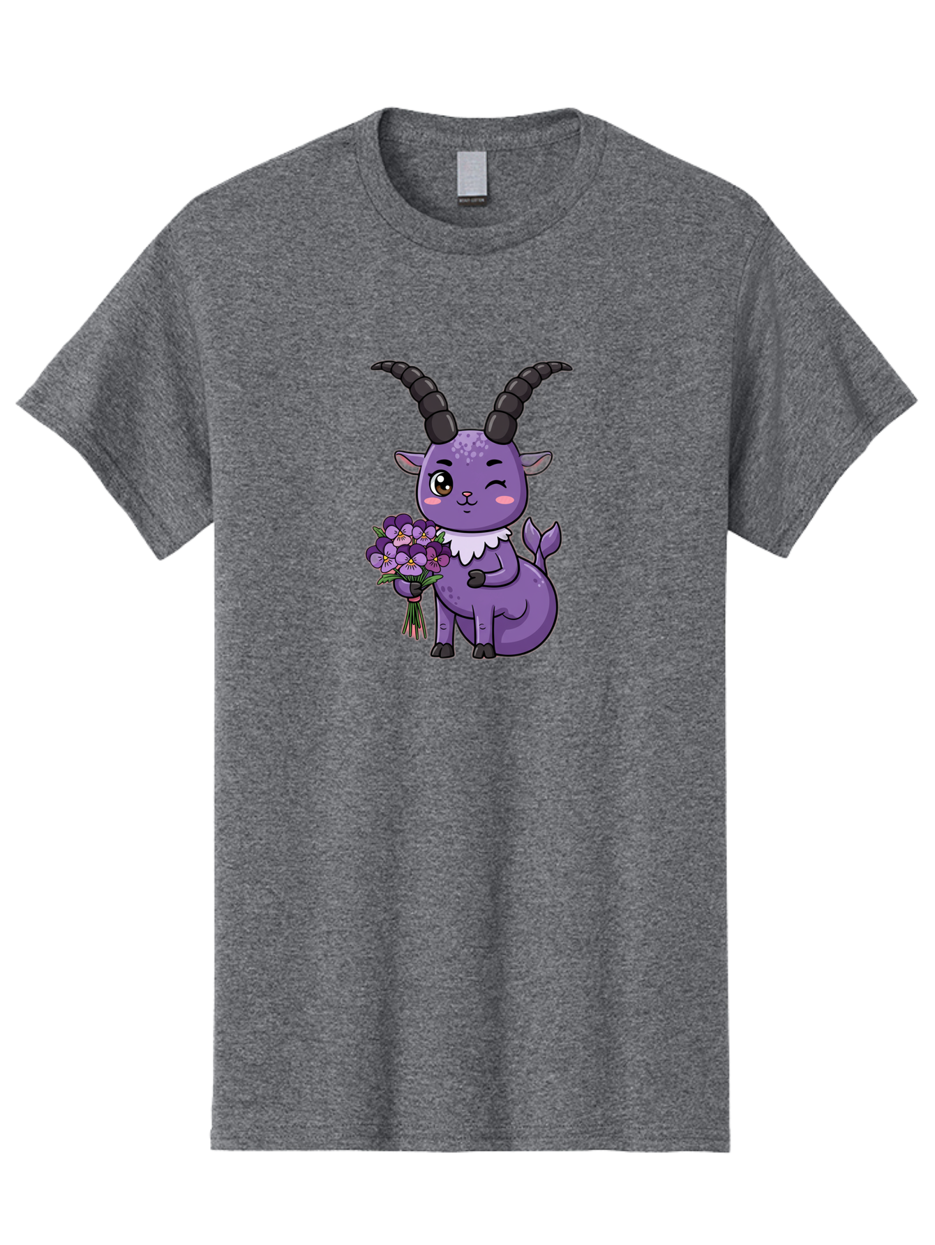 Purple-Goat Men'S Graphic Tee, 100% Cotton, Comfortable Casual Summer Wear, Machine Washable, Kawaii Goat, Cartoon Character, Purple Goat, Bouquet Of Flowers, Whimsical Design, Fantasy Creature, Adorable Illustration, Purple Flowers, Bae244 15