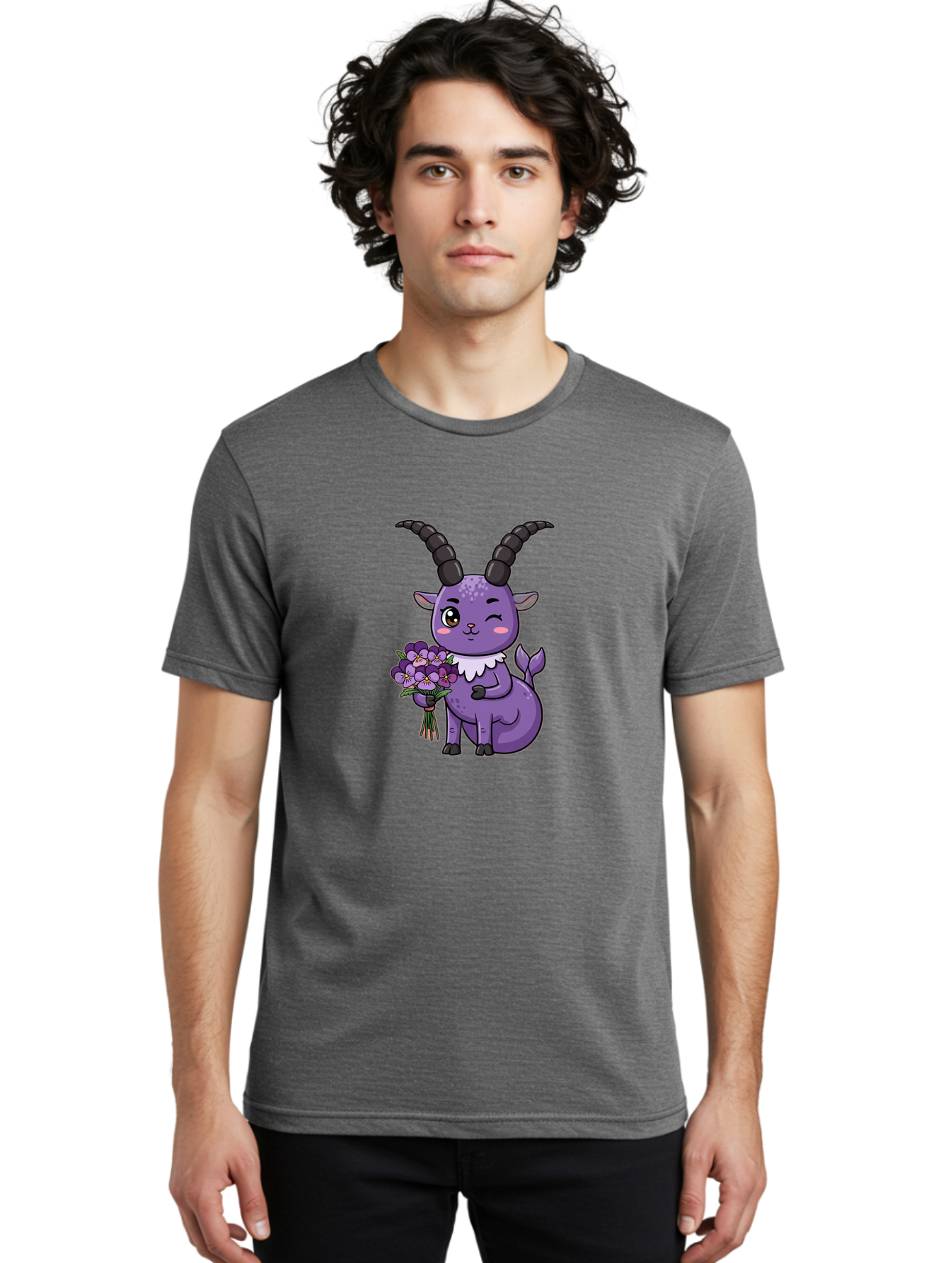 Purple-Goat Men'S Graphic Tee, 100% Cotton, Comfortable Casual Summer Wear, Machine Washable, Kawaii Goat, Cartoon Character, Purple Goat, Bouquet Of Flowers, Whimsical Design, Fantasy Creature, Adorable Illustration, Purple Flowers, Bae244 30