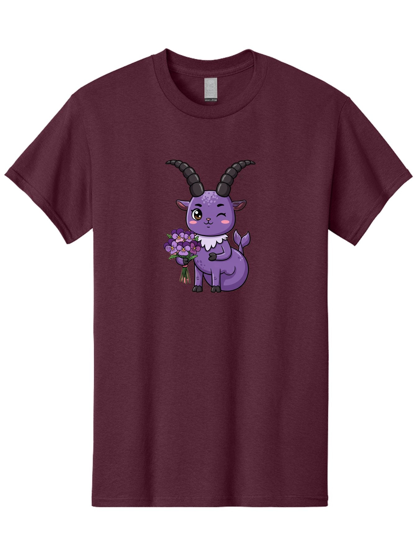Purple-Goat Men'S Graphic Tee, 100% Cotton, Comfortable Casual Summer Wear, Machine Washable, Kawaii Goat, Cartoon Character, Purple Goat, Bouquet Of Flowers, Whimsical Design, Fantasy Creature, Adorable Illustration, Purple Flowers, Bae244 9