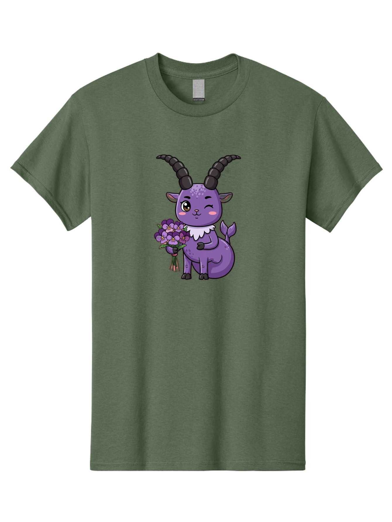 Purple-Goat Men'S Graphic Tee, 100% Cotton, Comfortable Casual Summer Wear, Machine Washable, Kawaii Goat, Cartoon Character, Purple Goat, Bouquet Of Flowers, Whimsical Design, Fantasy Creature, Adorable Illustration, Purple Flowers, Bae244 12