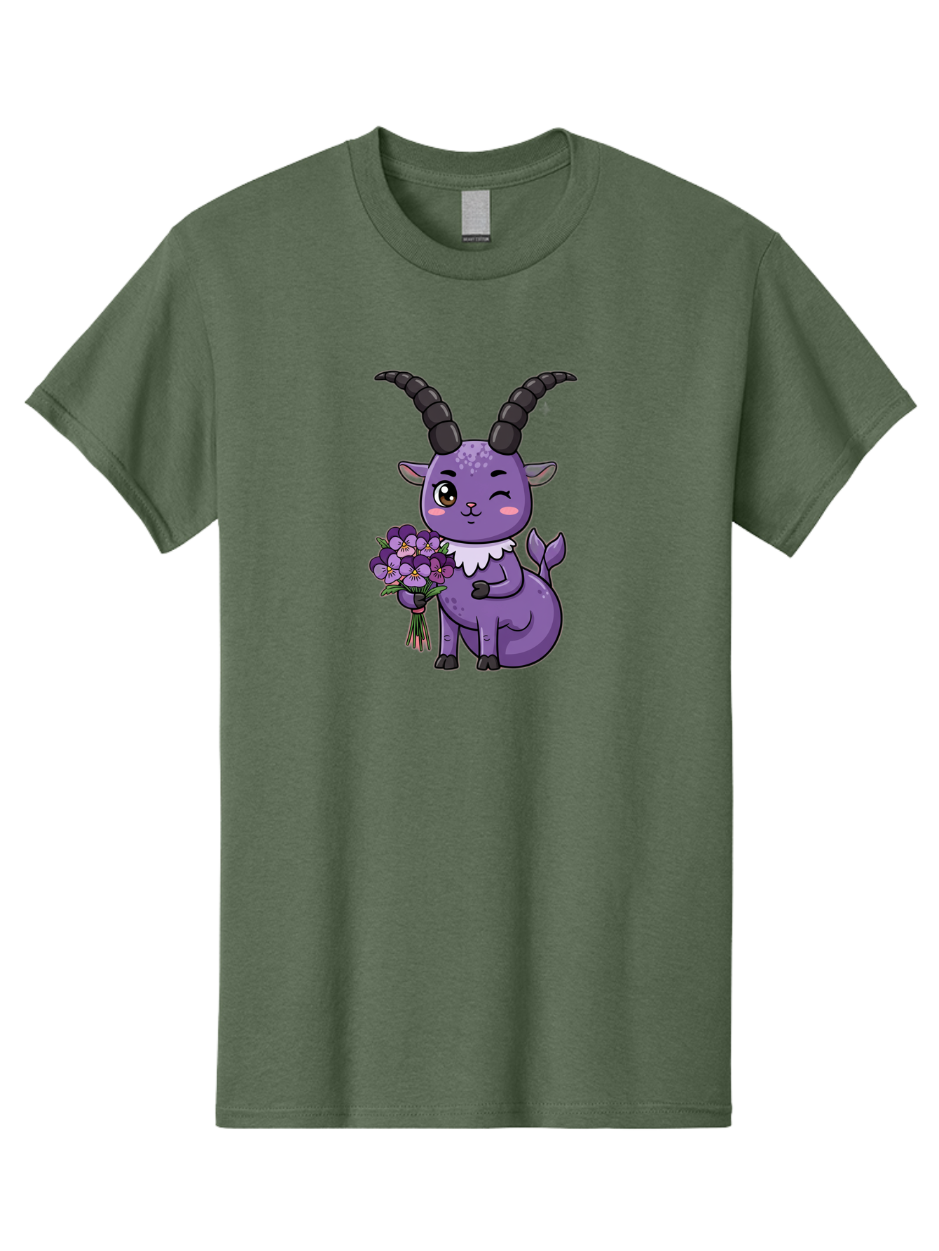 Purple-Goat Men'S Graphic Tee, 100% Cotton, Comfortable Casual Summer Wear, Machine Washable, Kawaii Goat, Cartoon Character, Purple Goat, Bouquet Of Flowers, Whimsical Design, Fantasy Creature, Adorable Illustration, Purple Flowers, Bae244 3