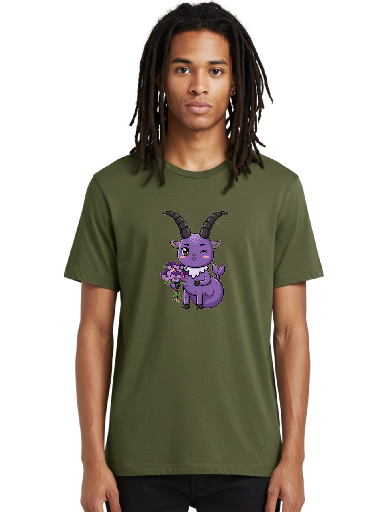 Purple-Goat Men'S Graphic Tee, 100% Cotton, Comfortable Casual Summer Wear, Machine Washable, Kawaii Goat, Cartoon Character, Purple Goat, Bouquet Of Flowers, Whimsical Design, Fantasy Creature, Adorable Illustration, Purple Flowers, Bae244 18