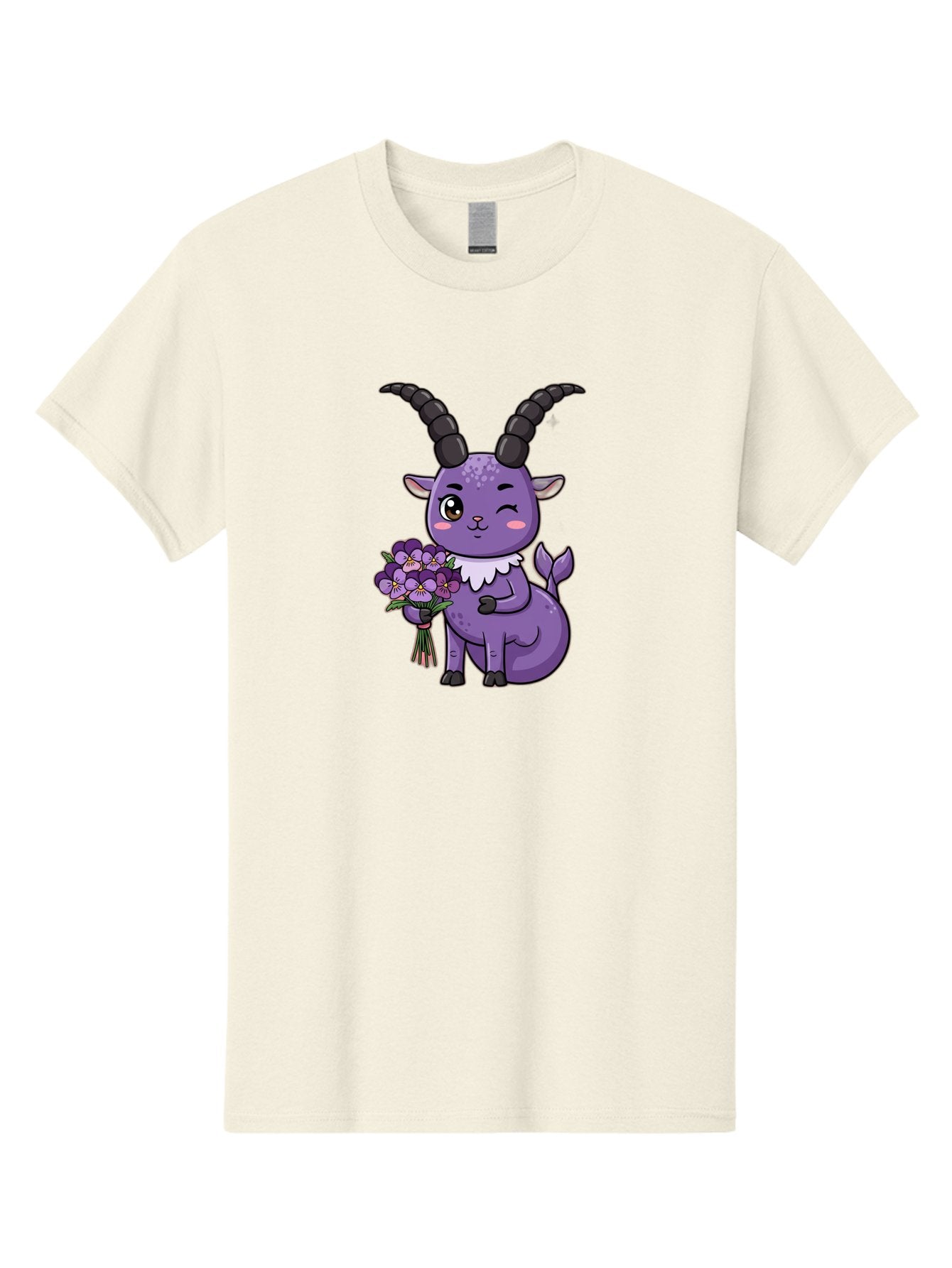 Purple-Goat Men'S Graphic Tee, 100% Cotton, Comfortable Casual Summer Wear, Machine Washable, Kawaii Goat, Cartoon Character, Purple Goat, Bouquet Of Flowers, Whimsical Design, Fantasy Creature, Adorable Illustration, Purple Flowers, Bae244 14