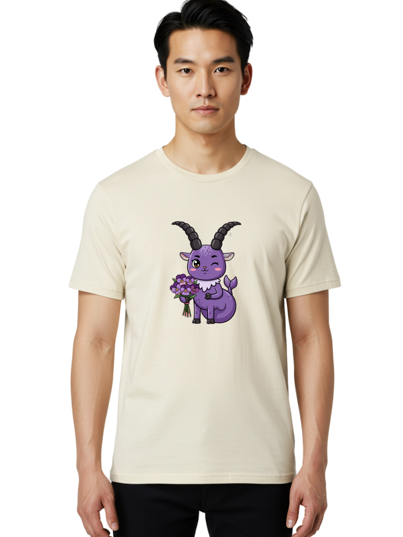 Purple-Goat Men'S Graphic Tee, 100% Cotton, Comfortable Casual Summer Wear, Machine Washable, Kawaii Goat, Cartoon Character, Purple Goat, Bouquet Of Flowers, Whimsical Design, Fantasy Creature, Adorable Illustration, Purple Flowers, Bae244 17