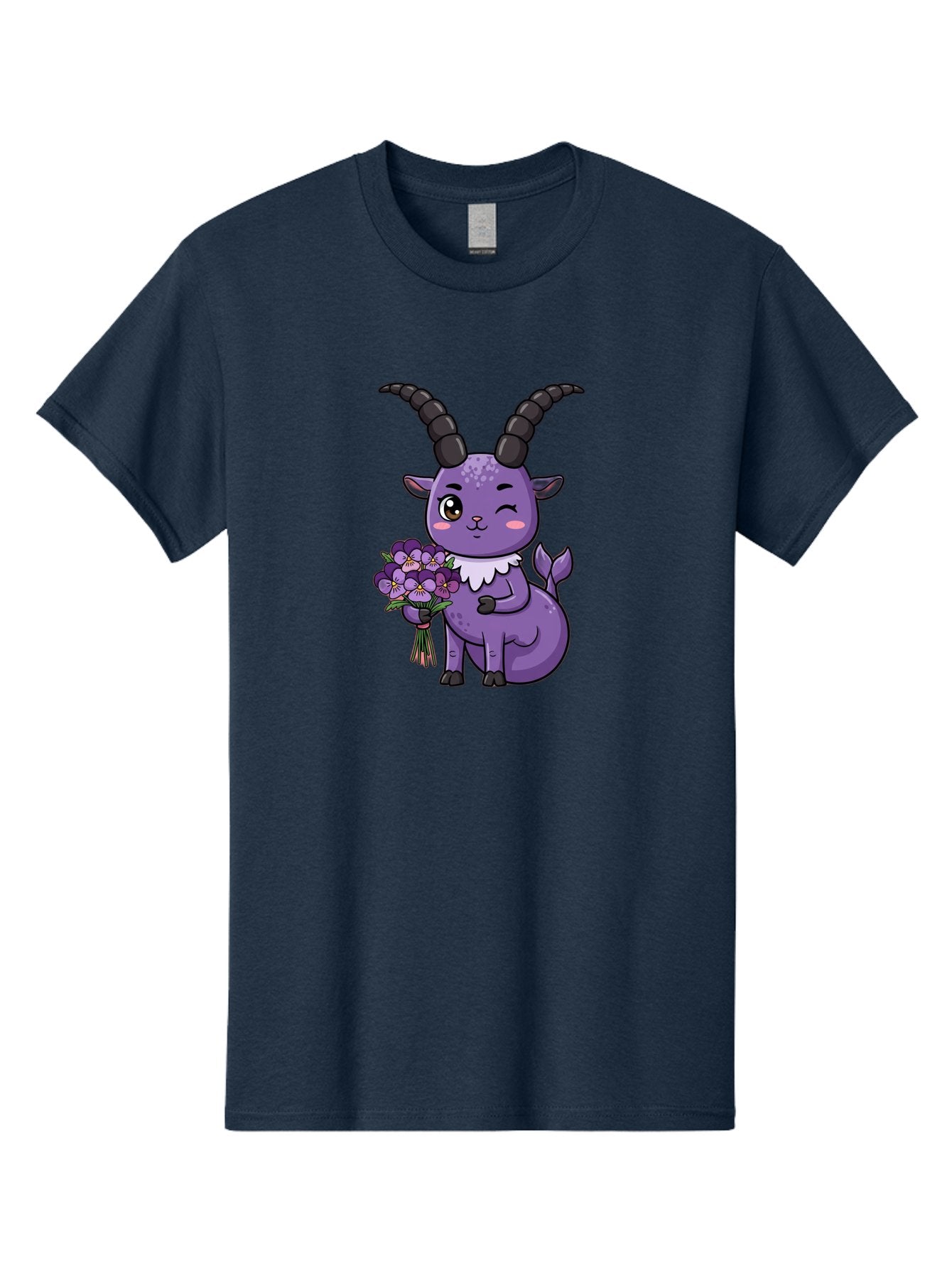 Purple-Goat Men'S Graphic Tee, 100% Cotton, Comfortable Casual Summer Wear, Machine Washable, Kawaii Goat, Cartoon Character, Purple Goat, Bouquet Of Flowers, Whimsical Design, Fantasy Creature, Adorable Illustration, Purple Flowers, Bae244 8