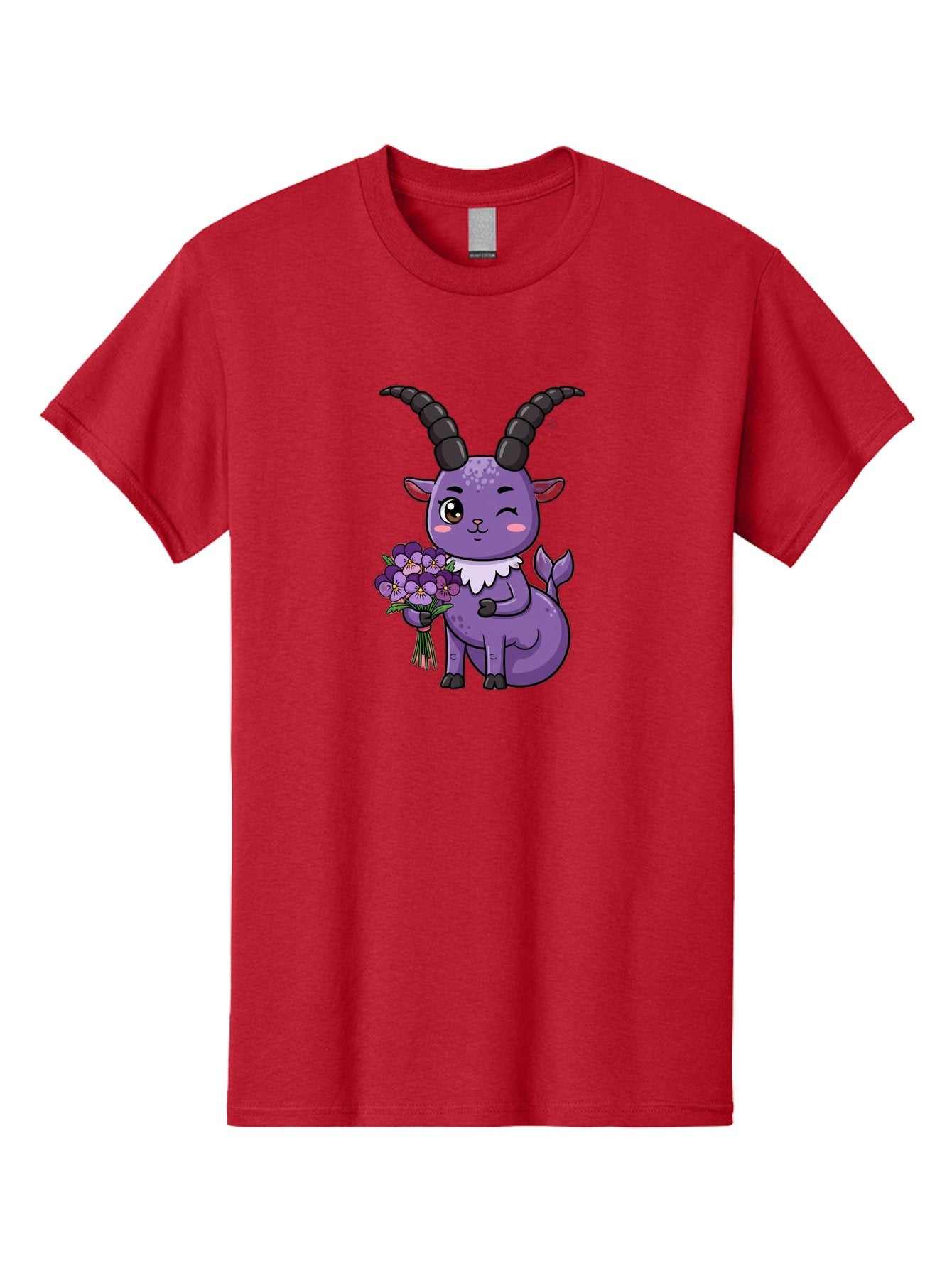 Purple-Goat Men'S Graphic Tee, 100% Cotton, Comfortable Casual Summer Wear, Machine Washable, Kawaii Goat, Cartoon Character, Purple Goat, Bouquet Of Flowers, Whimsical Design, Fantasy Creature, Adorable Illustration, Purple Flowers, Bae244 7