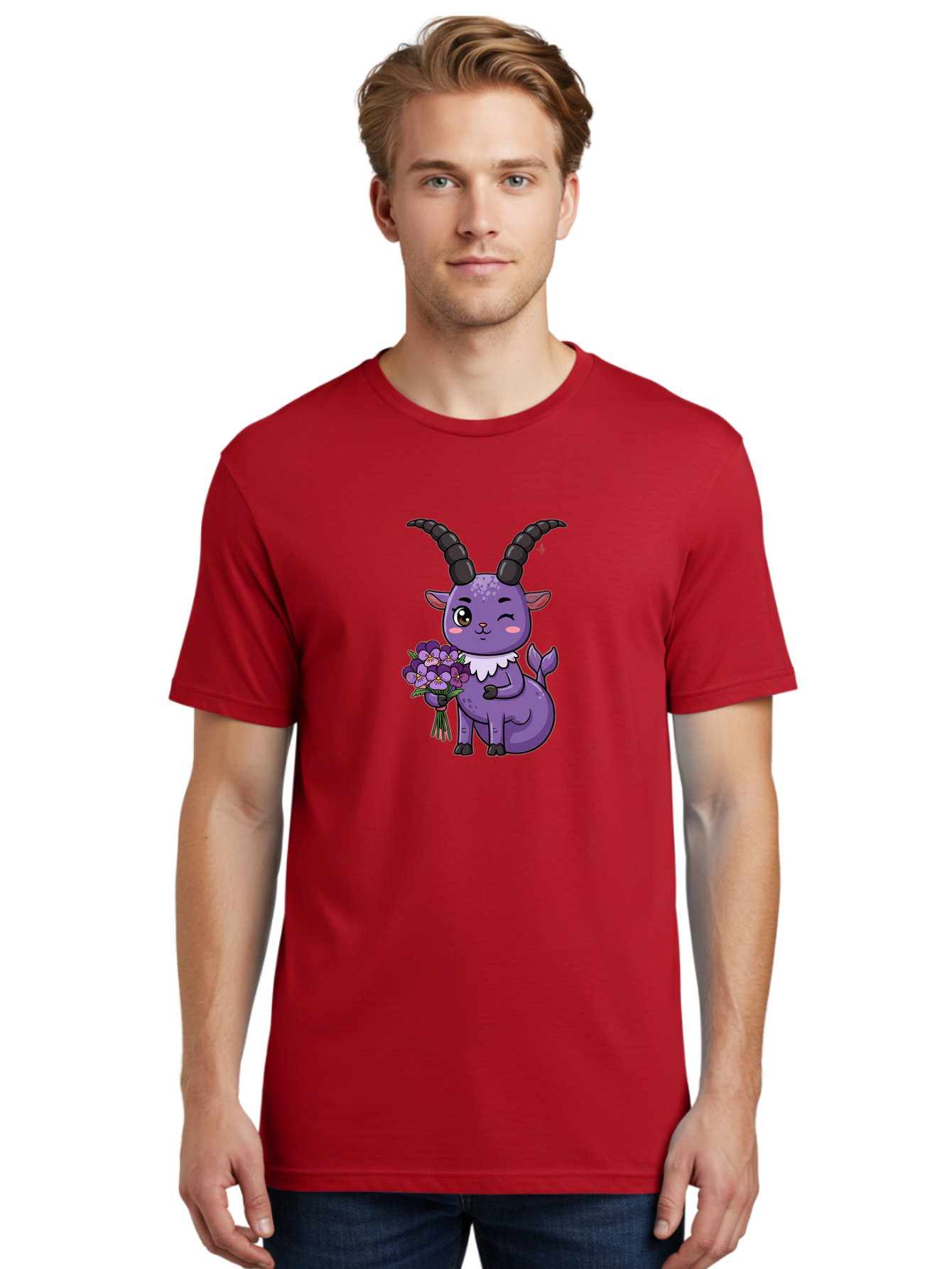 Purple-Goat Men'S Graphic Tee, 100% Cotton, Comfortable Casual Summer Wear, Machine Washable, Kawaii Goat, Cartoon Character, Purple Goat, Bouquet Of Flowers, Whimsical Design, Fantasy Creature, Adorable Illustration, Purple Flowers, Bae244 28