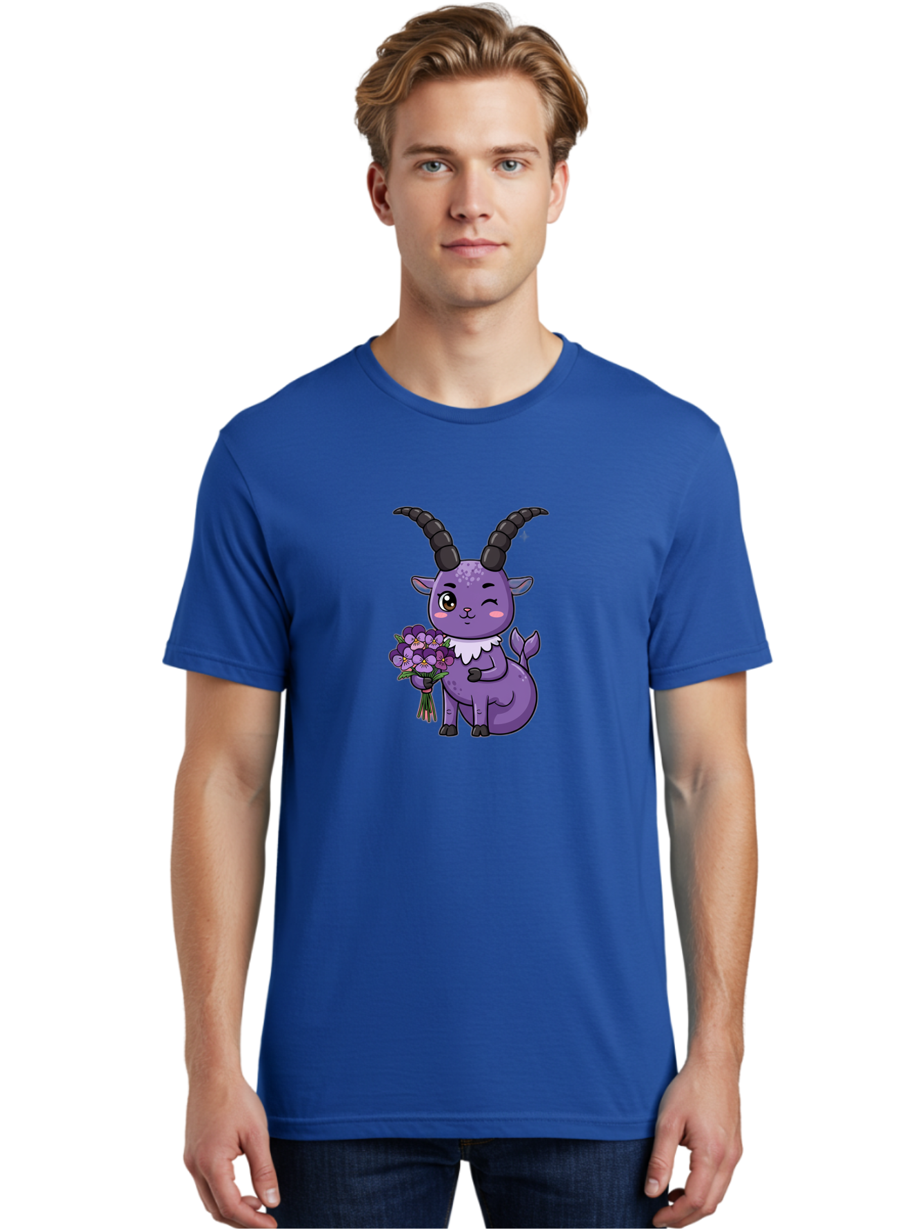 Purple-Goat Men'S Graphic Tee, 100% Cotton, Comfortable Casual Summer Wear, Machine Washable, Kawaii Goat, Cartoon Character, Purple Goat, Bouquet Of Flowers, Whimsical Design, Fantasy Creature, Adorable Illustration, Purple Flowers, Bae244 25
