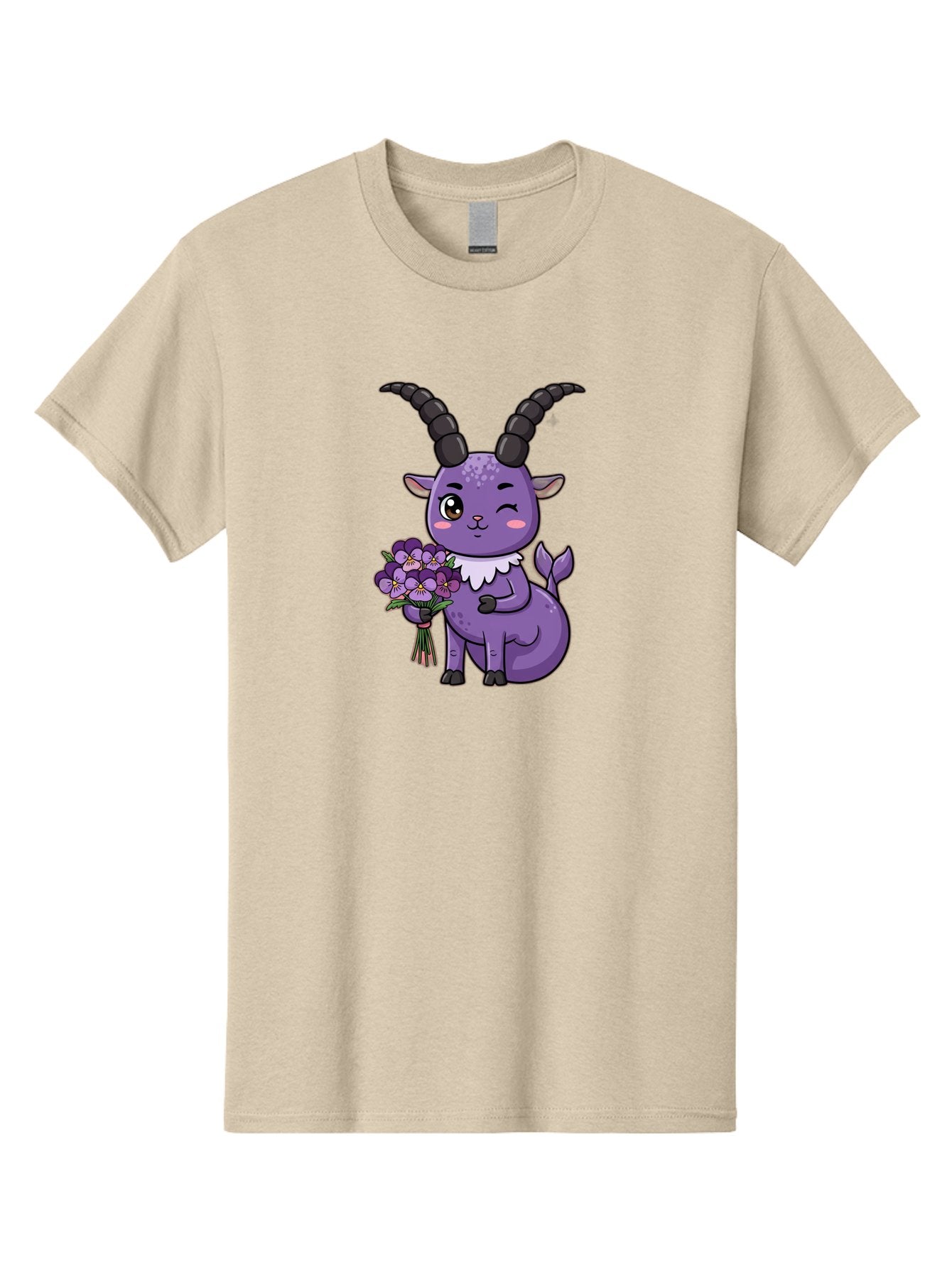 Purple-Goat Men'S Graphic Tee, 100% Cotton, Comfortable Casual Summer Wear, Machine Washable, Kawaii Goat, Cartoon Character, Purple Goat, Bouquet Of Flowers, Whimsical Design, Fantasy Creature, Adorable Illustration, Purple Flowers, Bae244 15
