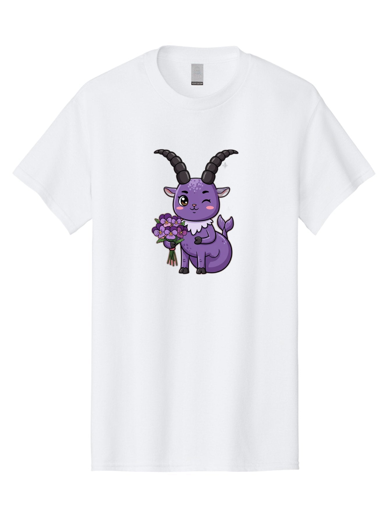 Purple-Goat Men'S Graphic Tee, 100% Cotton, Comfortable Casual Summer Wear, Machine Washable, Kawaii Goat, Cartoon Character, Purple Goat, Bouquet Of Flowers, Whimsical Design, Fantasy Creature, Adorable Illustration, Purple Flowers, Bae244 5