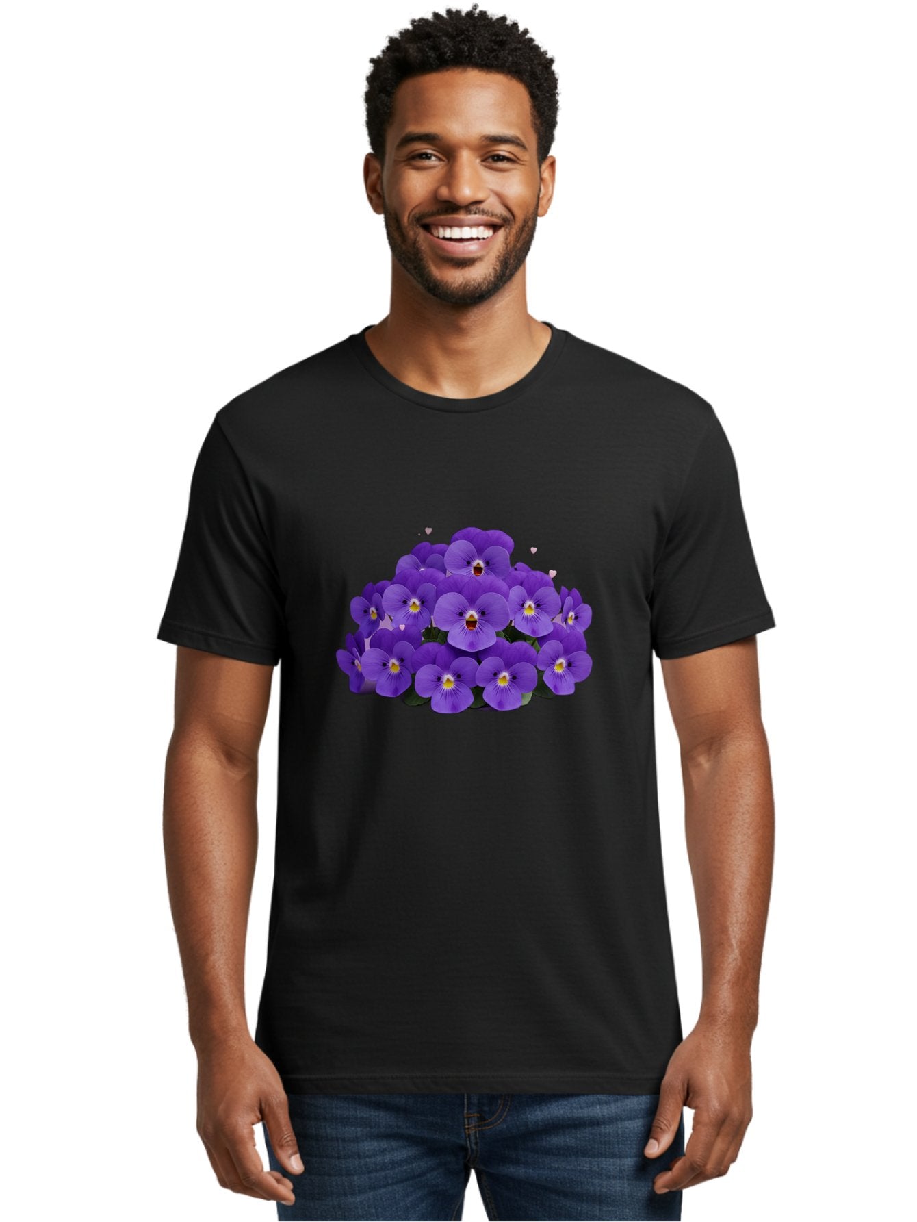 Purple-Pansies Men'S Graphic Tee, 100% Cotton, Comfortable Casual Summer Wear, Machine Washable, Purple Pansies, Floral Arrangement, Delicate Petals, Vibrant Colors, Yellow Centers, Dark Green Leaves, Heart-Shaped Leaves, Flower Bouquet, Bae245 23