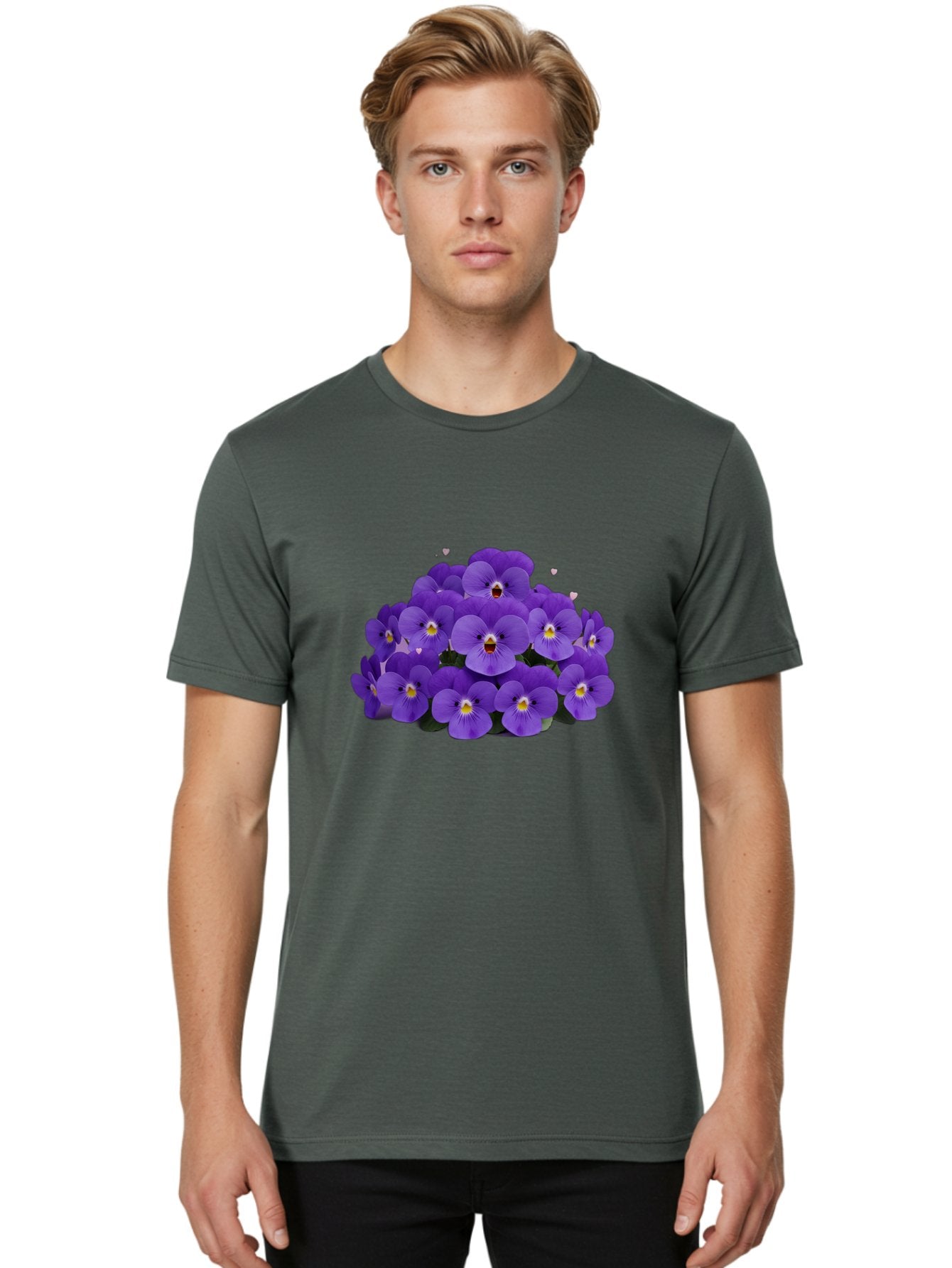 Purple-Pansies Men'S Graphic Tee, 100% Cotton, Comfortable Casual Summer Wear, Machine Washable, Purple Pansies, Floral Arrangement, Delicate Petals, Vibrant Colors, Yellow Centers, Dark Green Leaves, Heart-Shaped Leaves, Flower Bouquet, Bae245 18