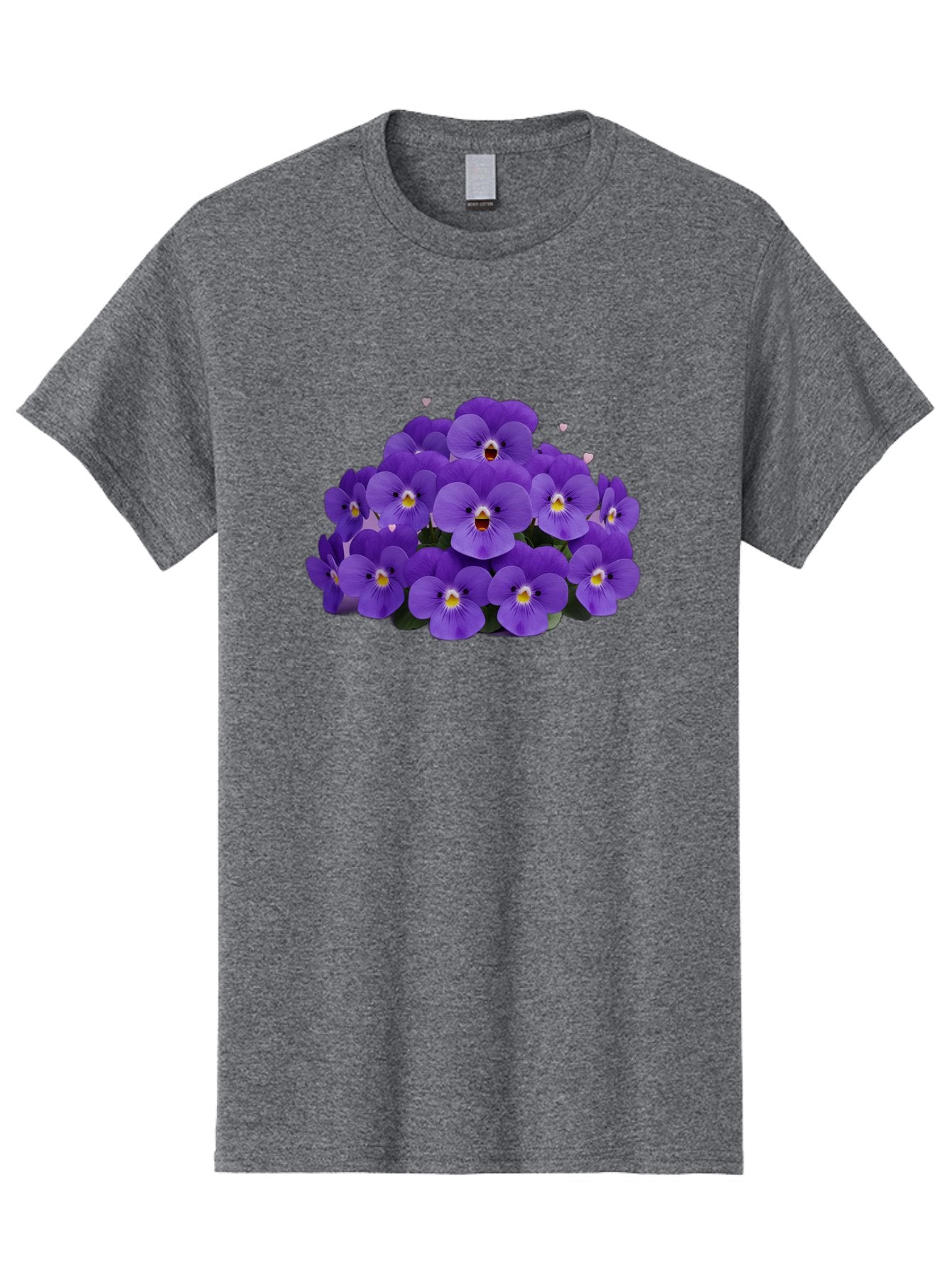Purple-Pansies Men'S Graphic Tee, 100% Cotton, Comfortable Casual Summer Wear, Machine Washable, Purple Pansies, Floral Arrangement, Delicate Petals, Vibrant Colors, Yellow Centers, Dark Green Leaves, Heart-Shaped Leaves, Flower Bouquet, Bae245