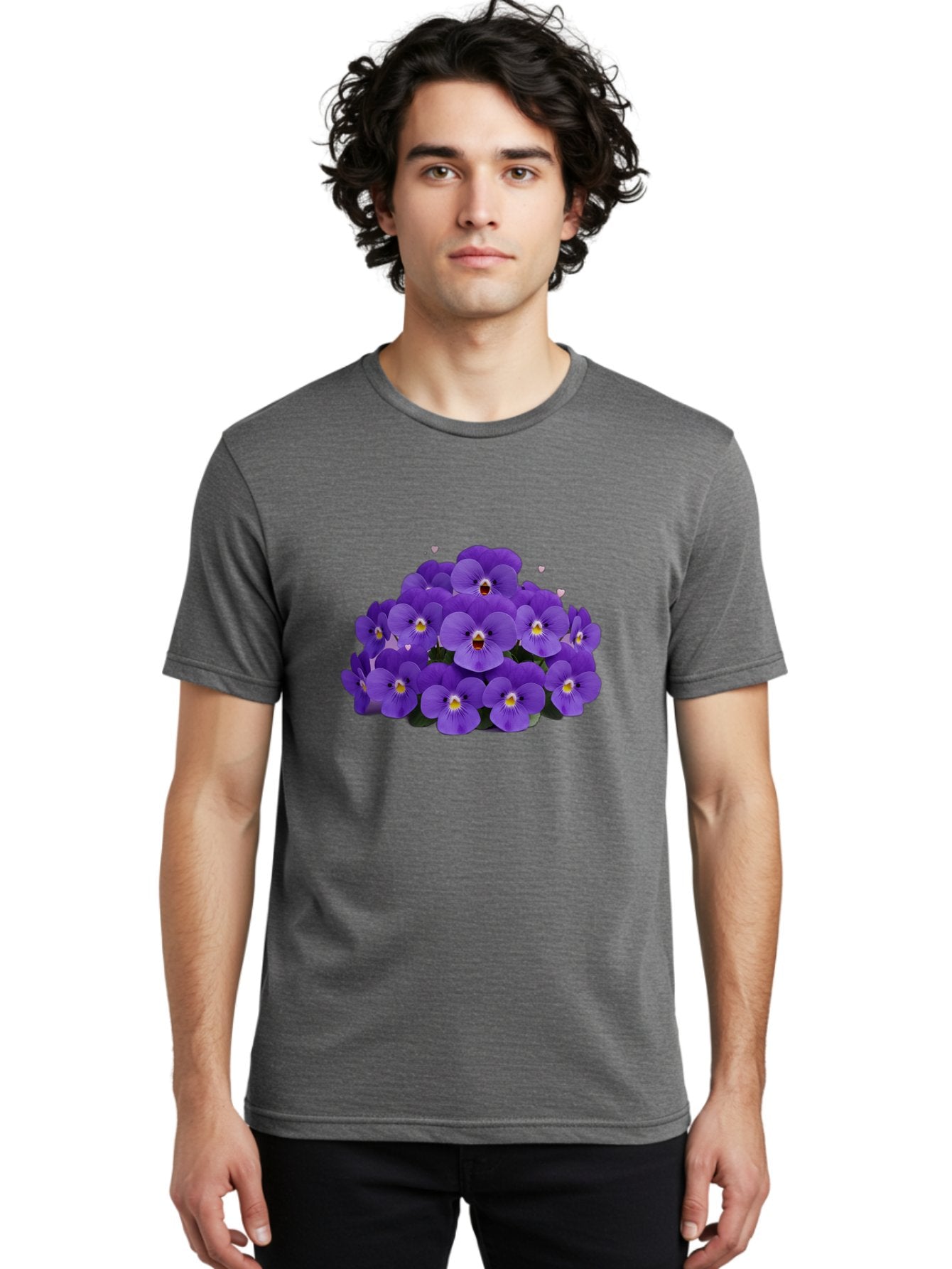 Purple-Pansies Men'S Graphic Tee, 100% Cotton, Comfortable Casual Summer Wear, Machine Washable, Purple Pansies, Floral Arrangement, Delicate Petals, Vibrant Colors, Yellow Centers, Dark Green Leaves, Heart-Shaped Leaves, Flower Bouquet, Bae245 19