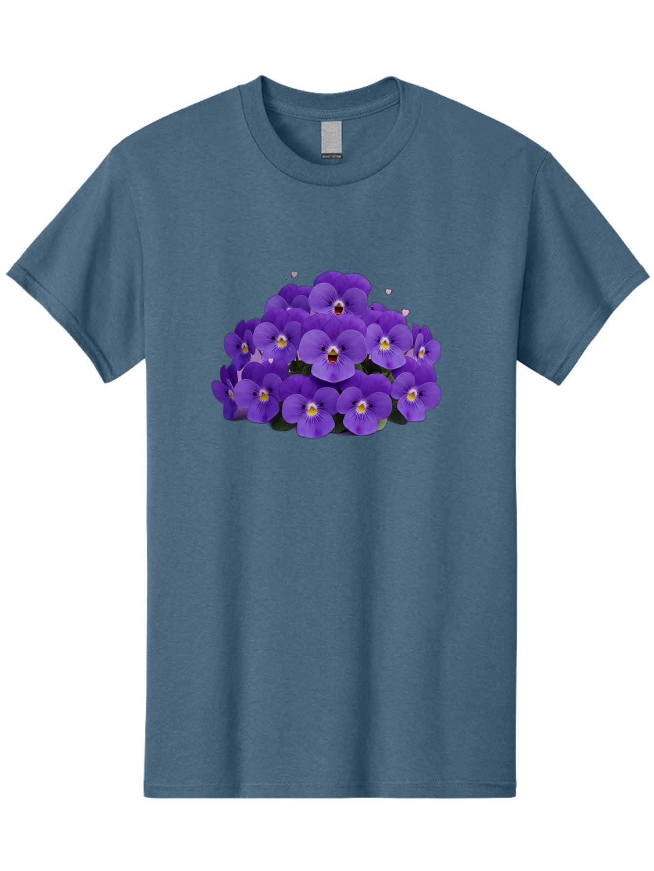 Purple-Pansies Men'S Graphic Tee, 100% Cotton, Comfortable Casual Summer Wear, Machine Washable, Purple Pansies, Floral Arrangement, Delicate Petals, Vibrant Colors, Yellow Centers, Dark Green Leaves, Heart-Shaped Leaves, Flower Bouquet, Bae245 7