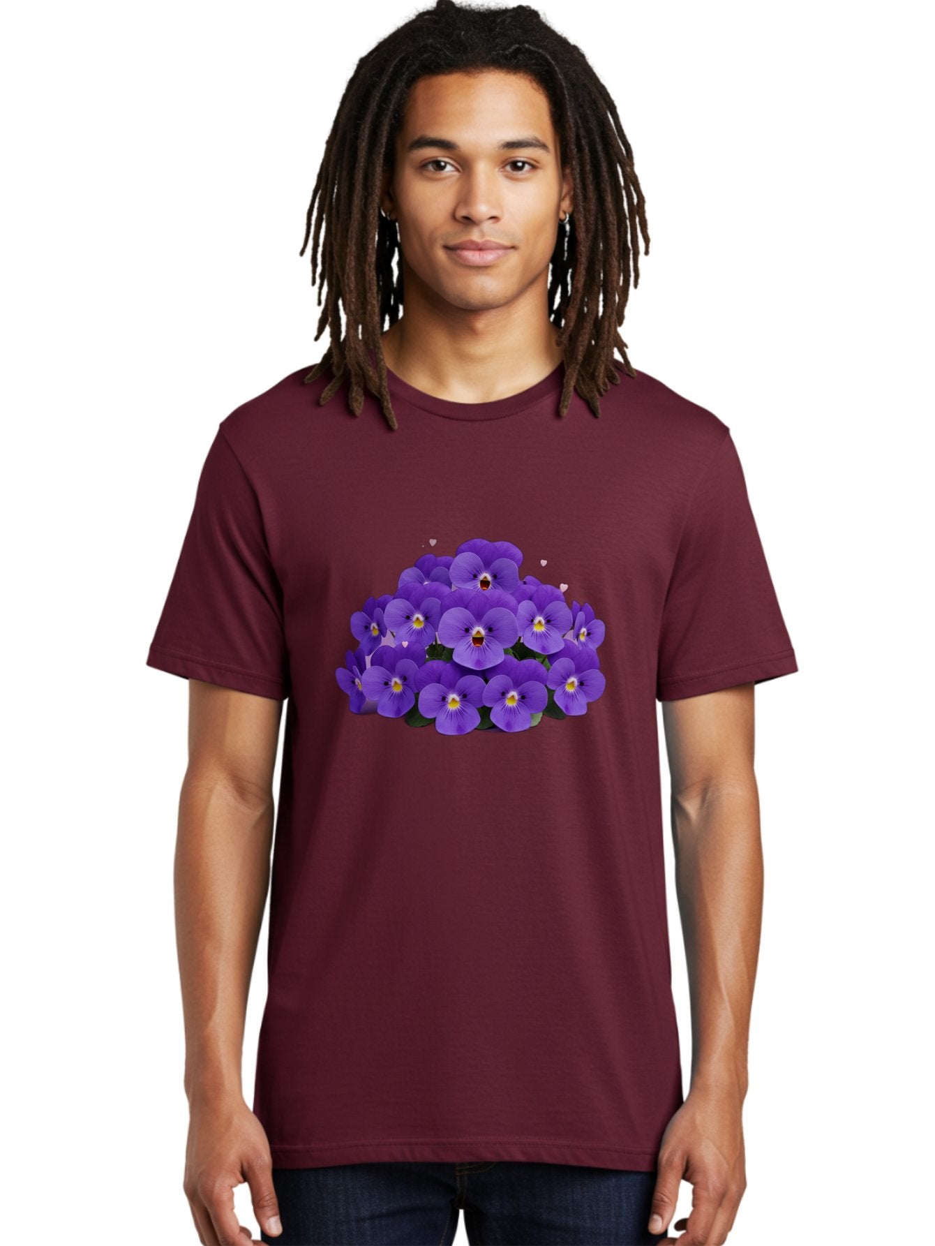 Purple-Pansies Men'S Graphic Tee, 100% Cotton, Comfortable Casual Summer Wear, Machine Washable, Purple Pansies, Floral Arrangement, Delicate Petals, Vibrant Colors, Yellow Centers, Dark Green Leaves, Heart-Shaped Leaves, Flower Bouquet, Bae245 28