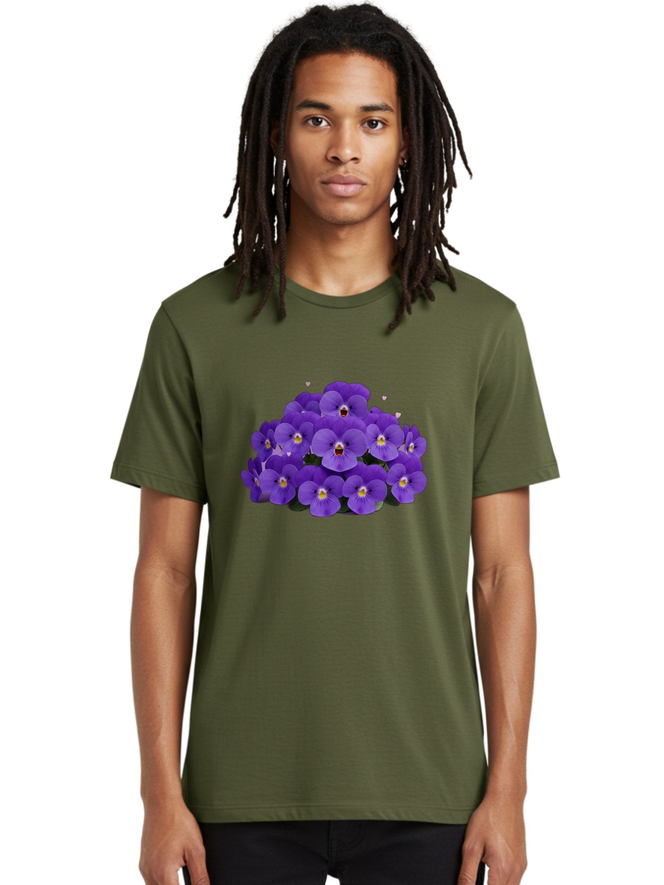 Purple-Pansies Men'S Graphic Tee, 100% Cotton, Comfortable Casual Summer Wear, Machine Washable, Purple Pansies, Floral Arrangement, Delicate Petals, Vibrant Colors, Yellow Centers, Dark Green Leaves, Heart-Shaped Leaves, Flower Bouquet, Bae245 29