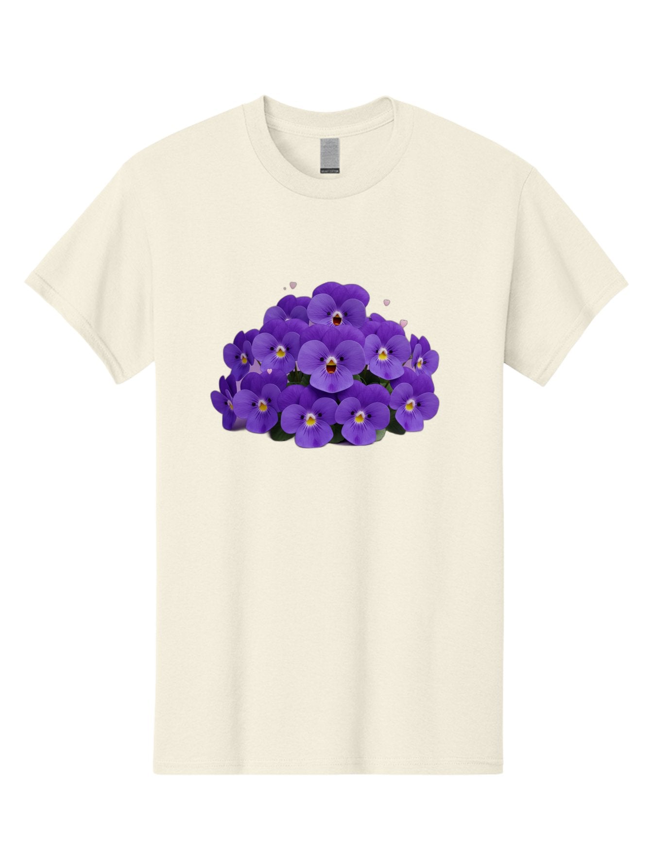 Purple-Pansies Men'S Graphic Tee, 100% Cotton, Comfortable Casual Summer Wear, Machine Washable, Purple Pansies, Floral Arrangement, Delicate Petals, Vibrant Colors, Yellow Centers, Dark Green Leaves, Heart-Shaped Leaves, Flower Bouquet, Bae245