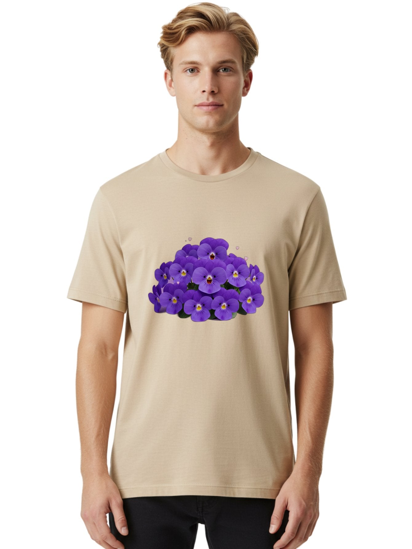 Purple-Pansies Men'S Graphic Tee, 100% Cotton, Comfortable Casual Summer Wear, Machine Washable, Purple Pansies, Floral Arrangement, Delicate Petals, Vibrant Colors, Yellow Centers, Dark Green Leaves, Heart-Shaped Leaves, Flower Bouquet, Bae245 17