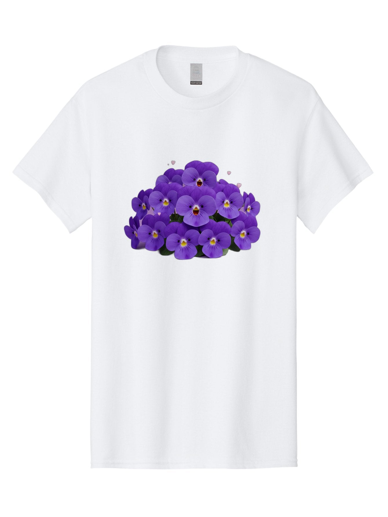 Purple-Pansies Men'S Graphic Tee, 100% Cotton, Comfortable Casual Summer Wear, Machine Washable, Purple Pansies, Floral Arrangement, Delicate Petals, Vibrant Colors, Yellow Centers, Dark Green Leaves, Heart-Shaped Leaves, Flower Bouquet, Bae245 8