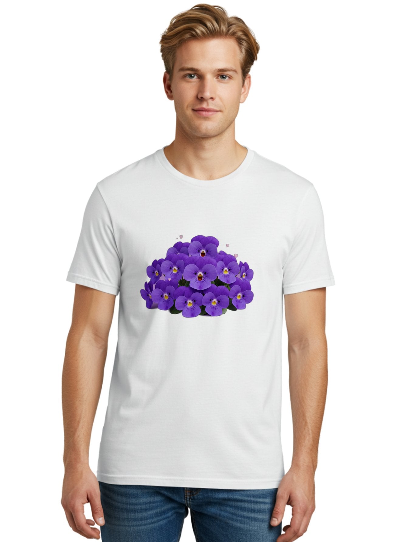 Purple-Pansies Men'S Graphic Tee, 100% Cotton, Comfortable Casual Summer Wear, Machine Washable, Purple Pansies, Floral Arrangement, Delicate Petals, Vibrant Colors, Yellow Centers, Dark Green Leaves, Heart-Shaped Leaves, Flower Bouquet, Bae245 25