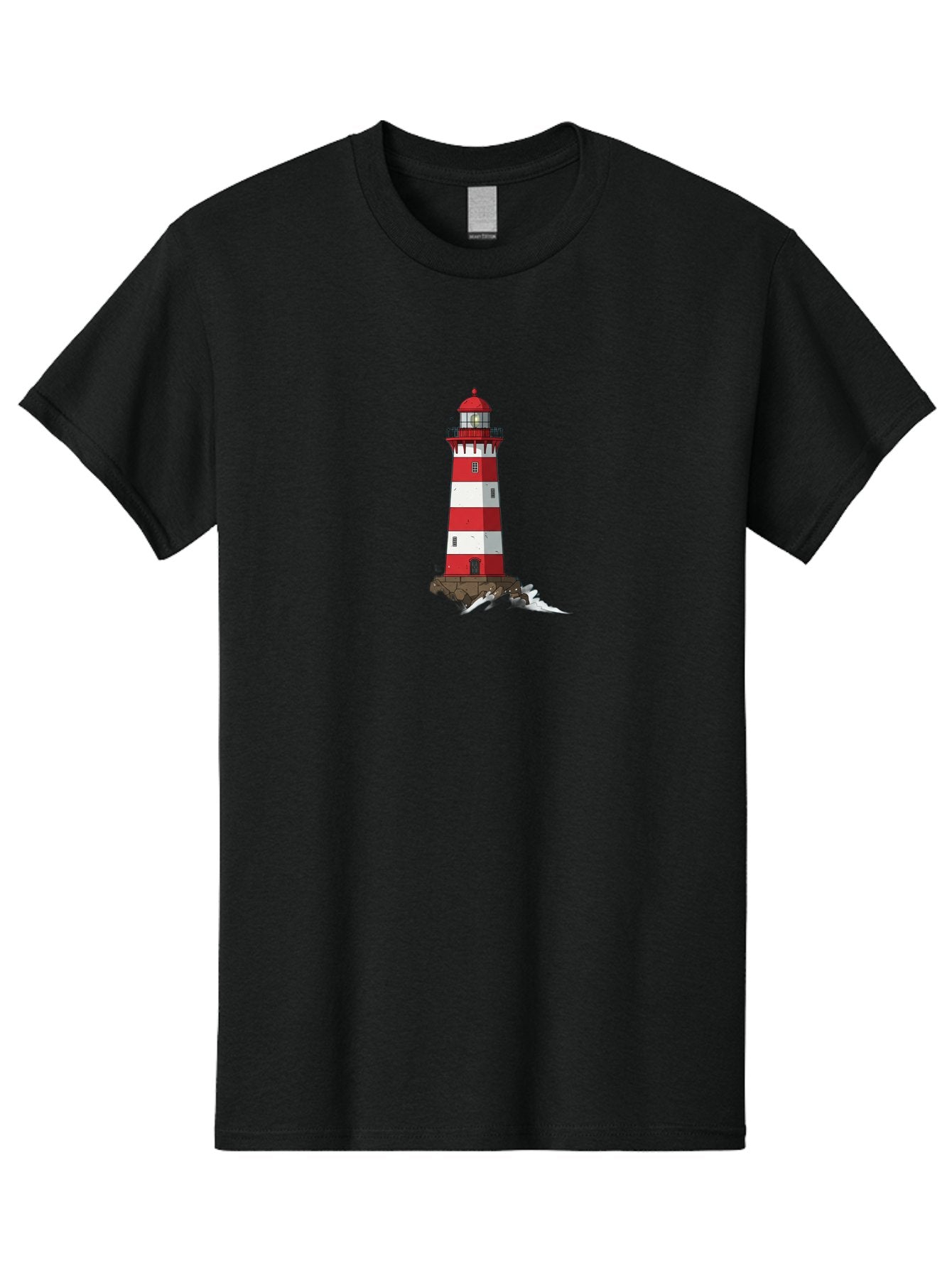 Red-And-White-Lighthouse Men'S Graphic Tee, 100% Cotton, Comfortable Casual Summer Wear, Machine Washable, Striped Lighthouse, Red And White Lighthouse, Rocky Coastline, Coastal Scenery, Maritime Navigation, Ocean Waves, Serene Atmosphere, Bae246 3