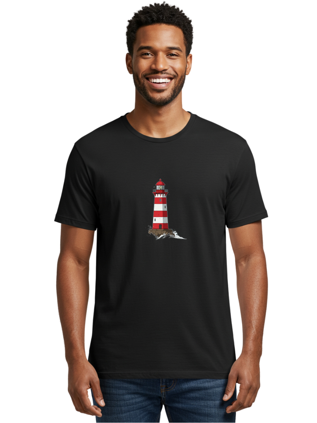 Red-And-White-Lighthouse Men'S Graphic Tee, 100% Cotton, Comfortable Casual Summer Wear, Machine Washable, Striped Lighthouse, Red And White Lighthouse, Rocky Coastline, Coastal Scenery, Maritime Navigation, Ocean Waves, Serene Atmosphere, Bae246 24