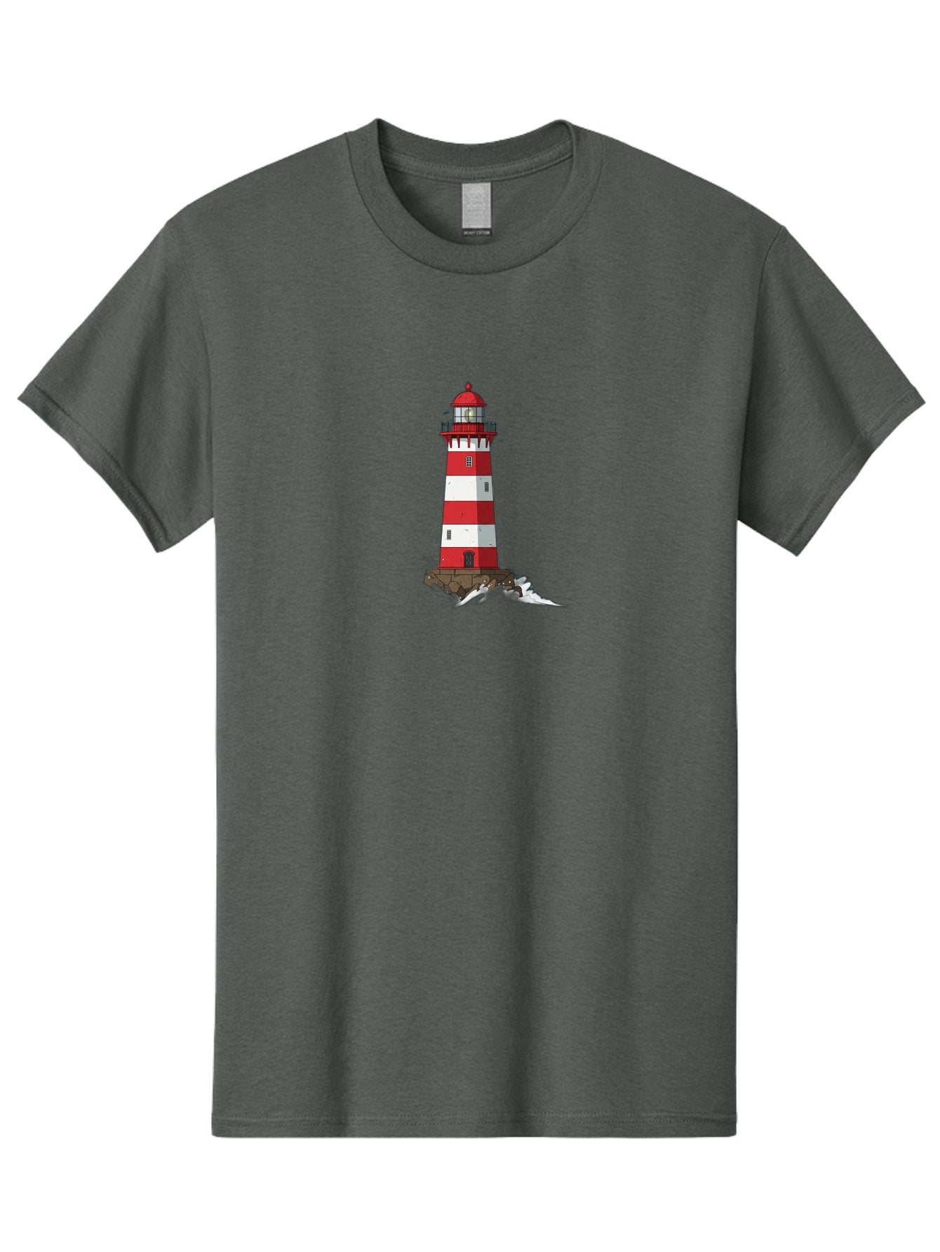 Red-And-White-Lighthouse Men'S Graphic Tee, 100% Cotton, Comfortable Casual Summer Wear, Machine Washable, Striped Lighthouse, Red And White Lighthouse, Rocky Coastline, Coastal Scenery, Maritime Navigation, Ocean Waves, Serene Atmosphere, Bae246