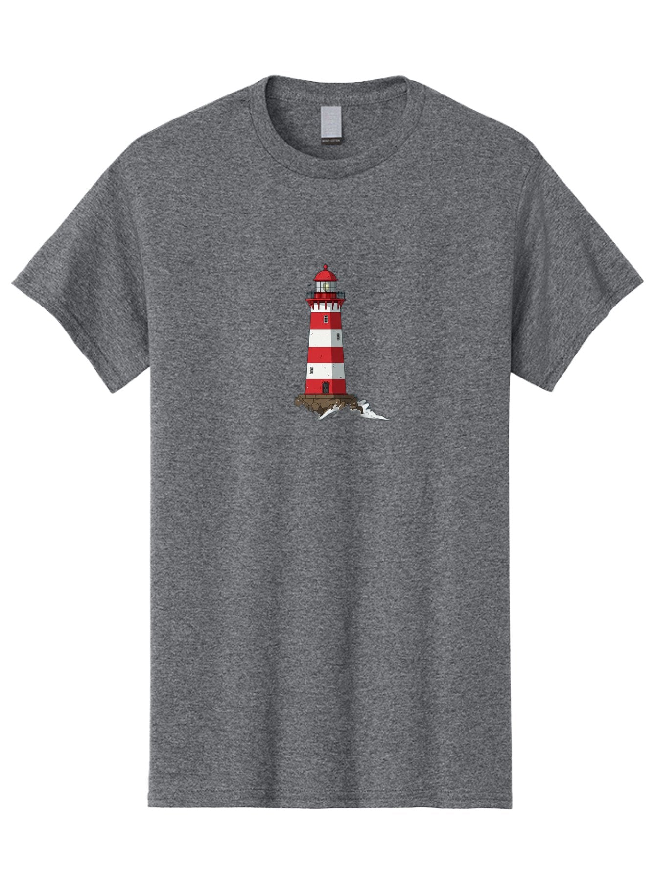 Red-And-White-Lighthouse Men'S Graphic Tee, 100% Cotton, Comfortable Casual Summer Wear, Machine Washable, Striped Lighthouse, Red And White Lighthouse, Rocky Coastline, Coastal Scenery, Maritime Navigation, Ocean Waves, Serene Atmosphere, Bae246 8