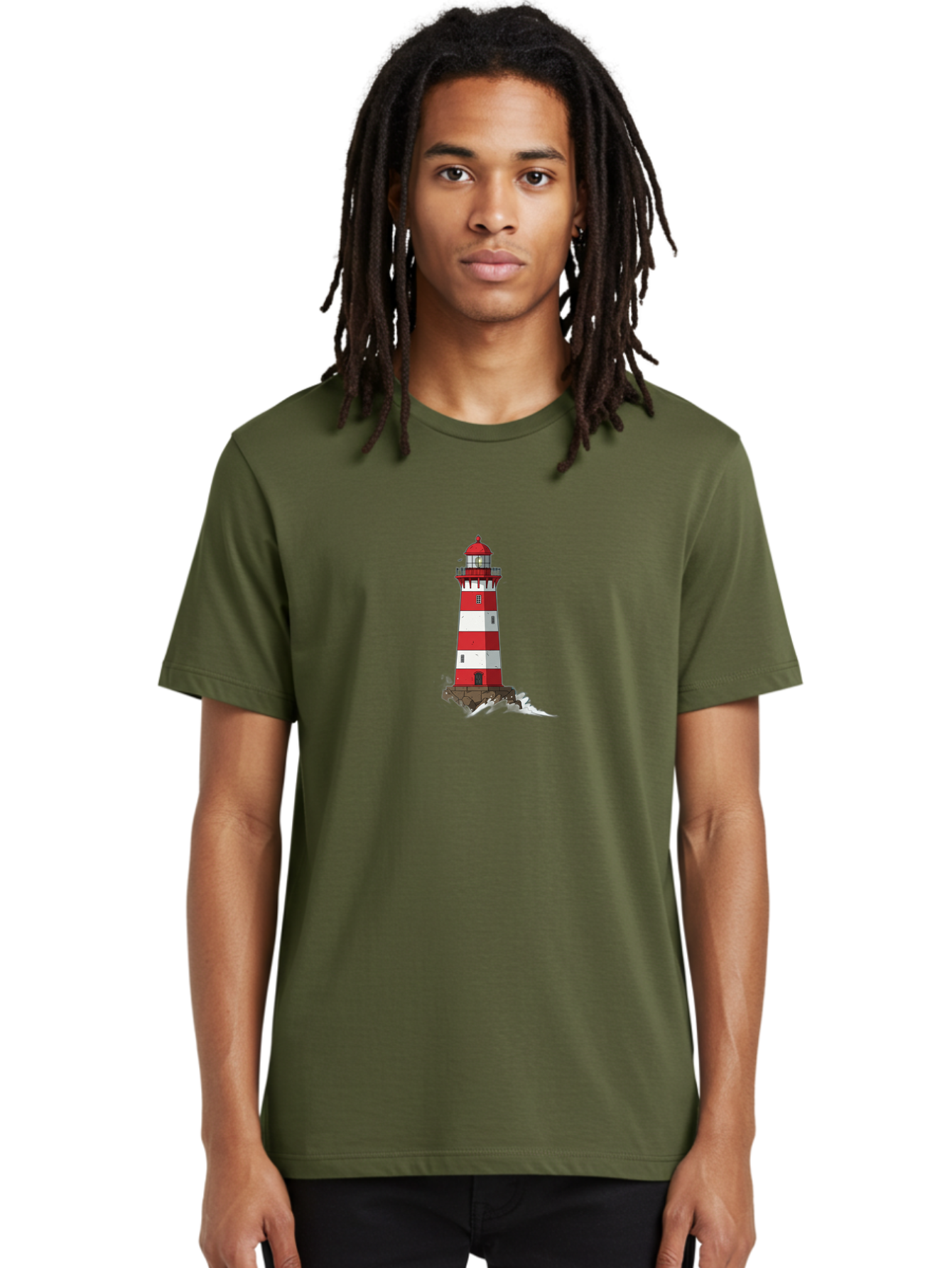 Red-And-White-Lighthouse Men'S Graphic Tee, 100% Cotton, Comfortable Casual Summer Wear, Machine Washable, Striped Lighthouse, Red And White Lighthouse, Rocky Coastline, Coastal Scenery, Maritime Navigation, Ocean Waves, Serene Atmosphere, Bae246 17