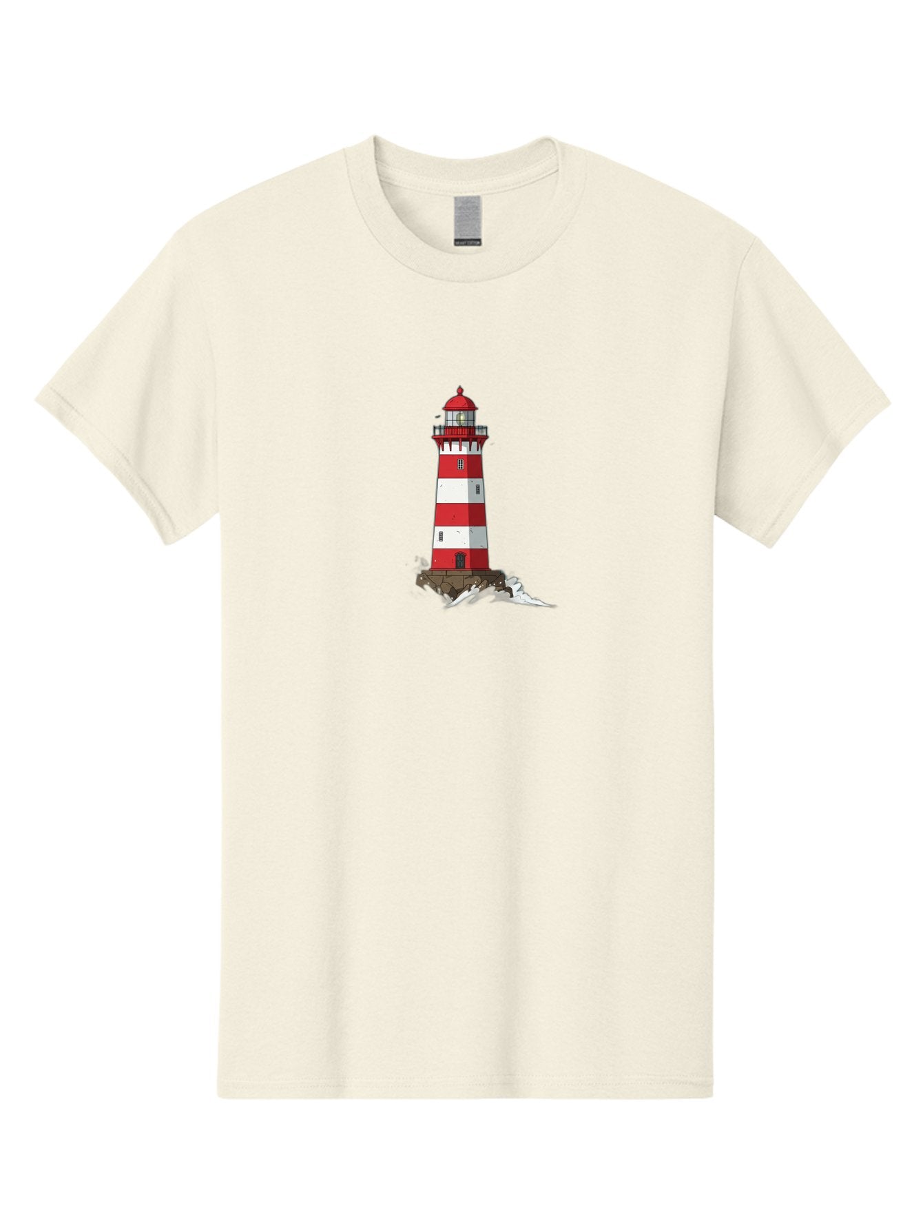 Red-And-White-Lighthouse Men'S Graphic Tee, 100% Cotton, Comfortable Casual Summer Wear, Machine Washable, Striped Lighthouse, Red And White Lighthouse, Rocky Coastline, Coastal Scenery, Maritime Navigation, Ocean Waves, Serene Atmosphere, Bae246 6