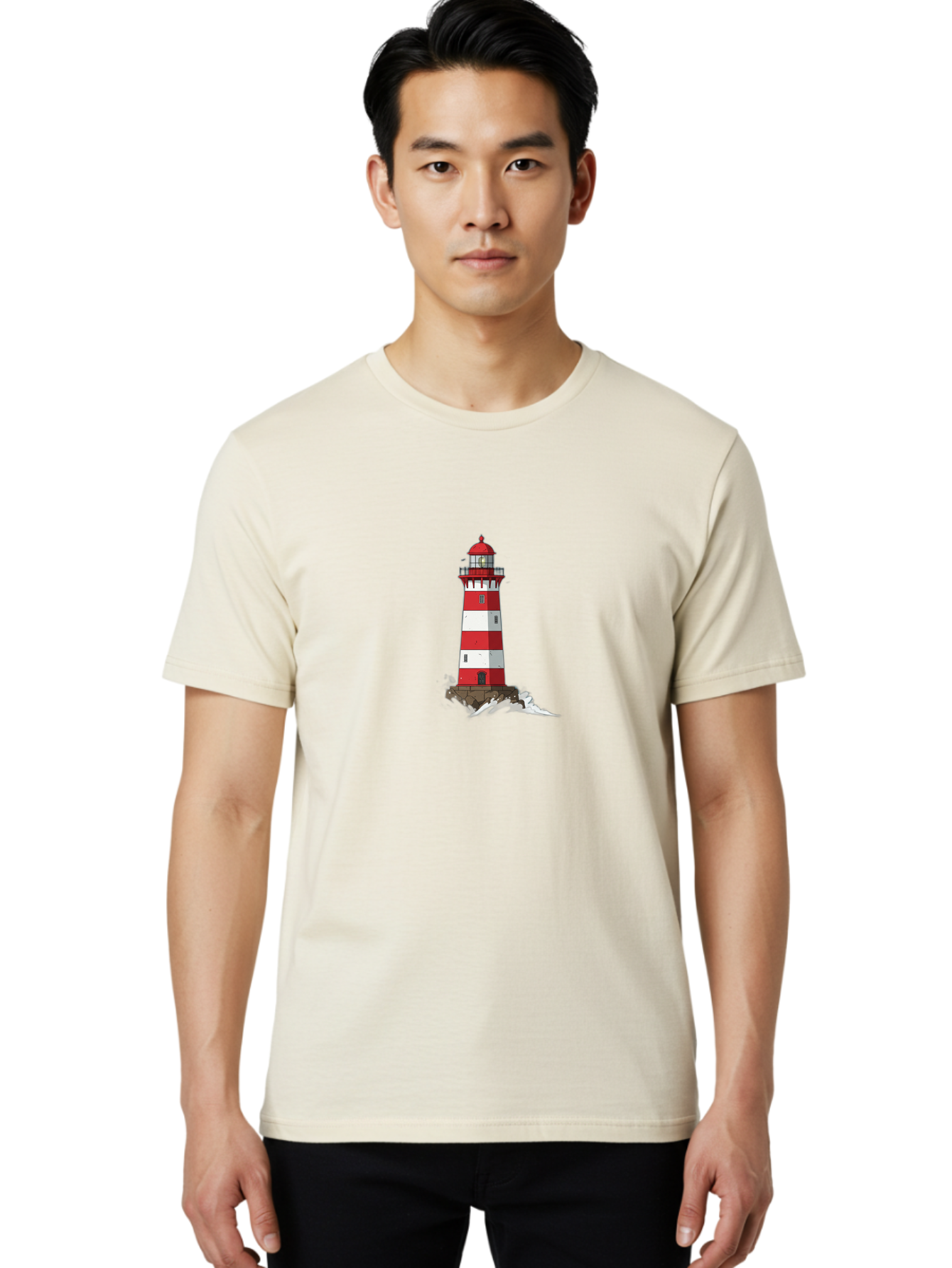 Red-And-White-Lighthouse Men'S Graphic Tee, 100% Cotton, Comfortable Casual Summer Wear, Machine Washable, Striped Lighthouse, Red And White Lighthouse, Rocky Coastline, Coastal Scenery, Maritime Navigation, Ocean Waves, Serene Atmosphere, Bae246 22