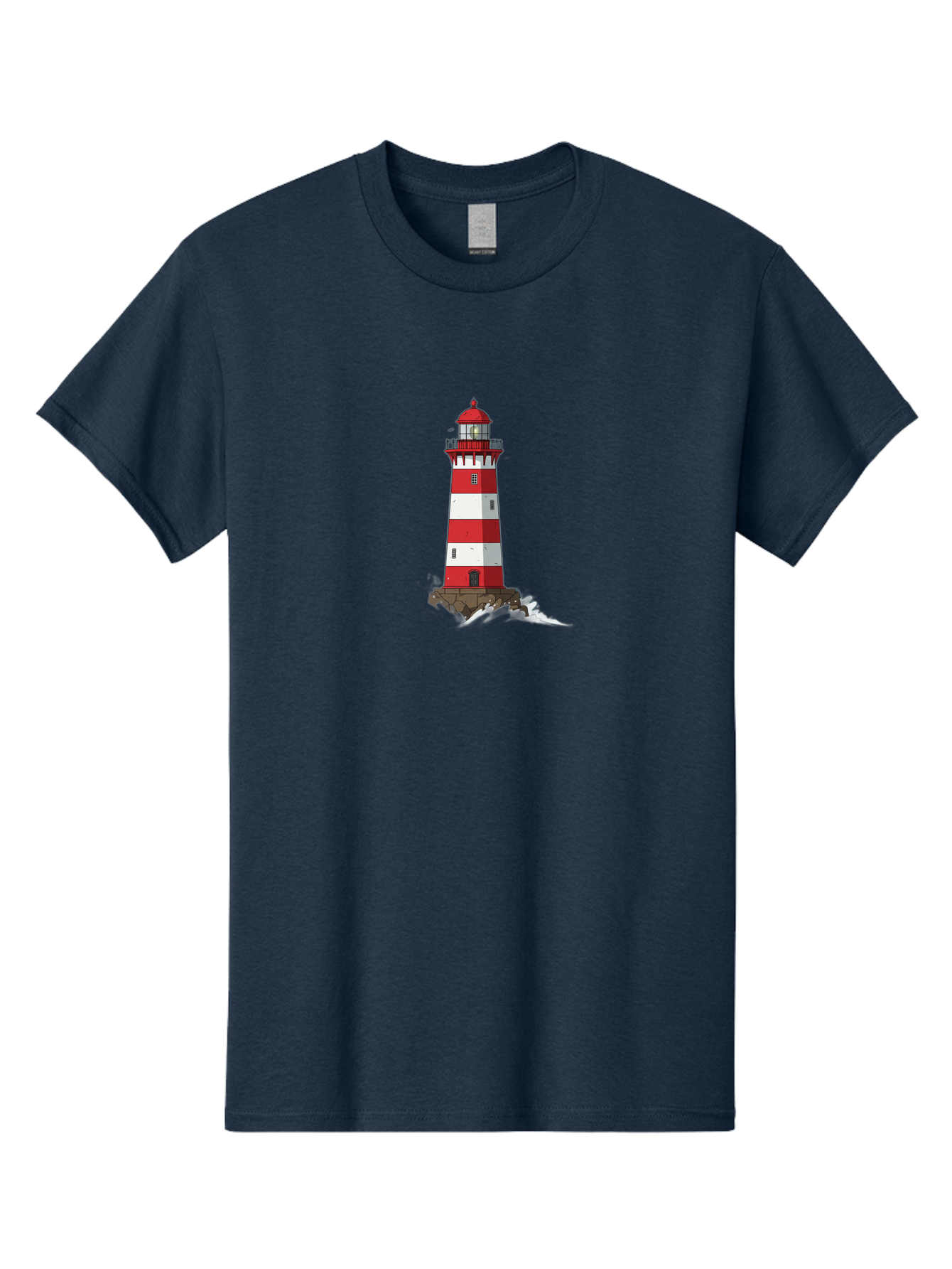 Red-And-White-Lighthouse Men'S Graphic Tee, 100% Cotton, Comfortable Casual Summer Wear, Machine Washable, Striped Lighthouse, Red And White Lighthouse, Rocky Coastline, Coastal Scenery, Maritime Navigation, Ocean Waves, Serene Atmosphere, Bae246 8