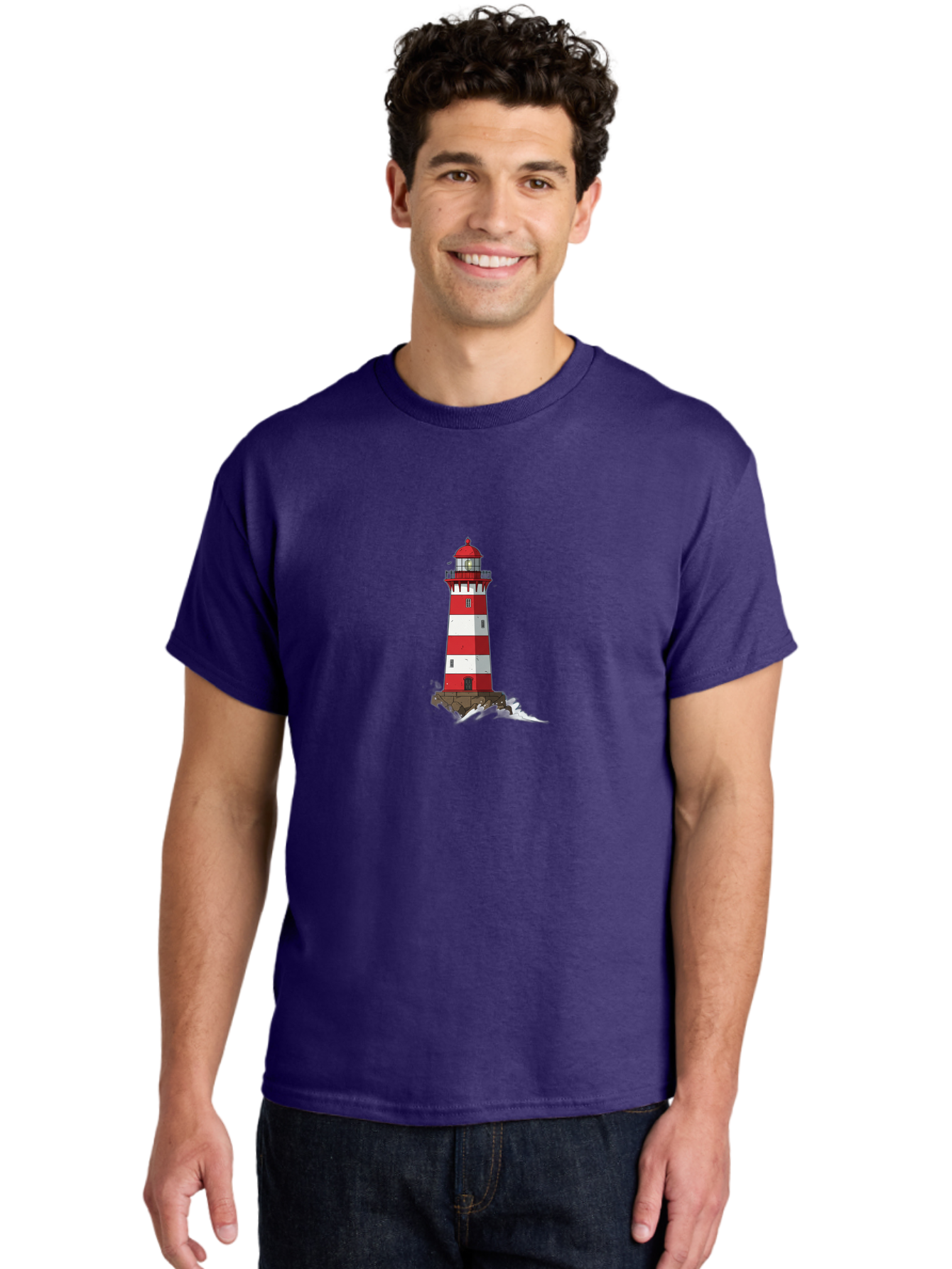 Red-And-White-Lighthouse Men'S Graphic Tee, 100% Cotton, Comfortable Casual Summer Wear, Machine Washable, Striped Lighthouse, Red And White Lighthouse, Rocky Coastline, Coastal Scenery, Maritime Navigation, Ocean Waves, Serene Atmosphere, Bae246 30