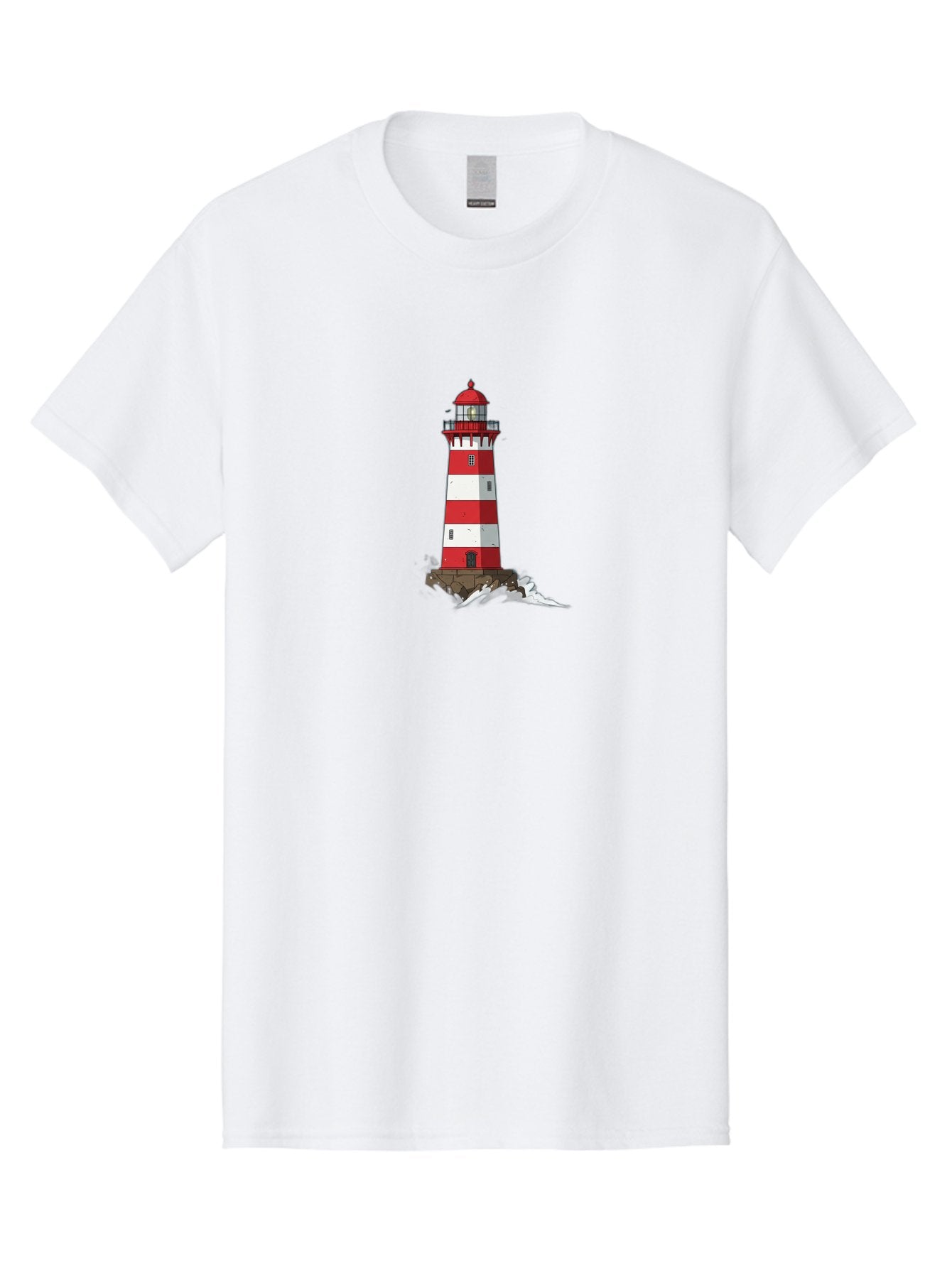 Red-And-White-Lighthouse Men'S Graphic Tee, 100% Cotton, Comfortable Casual Summer Wear, Machine Washable, Striped Lighthouse, Red And White Lighthouse, Rocky Coastline, Coastal Scenery, Maritime Navigation, Ocean Waves, Serene Atmosphere, Bae246 7