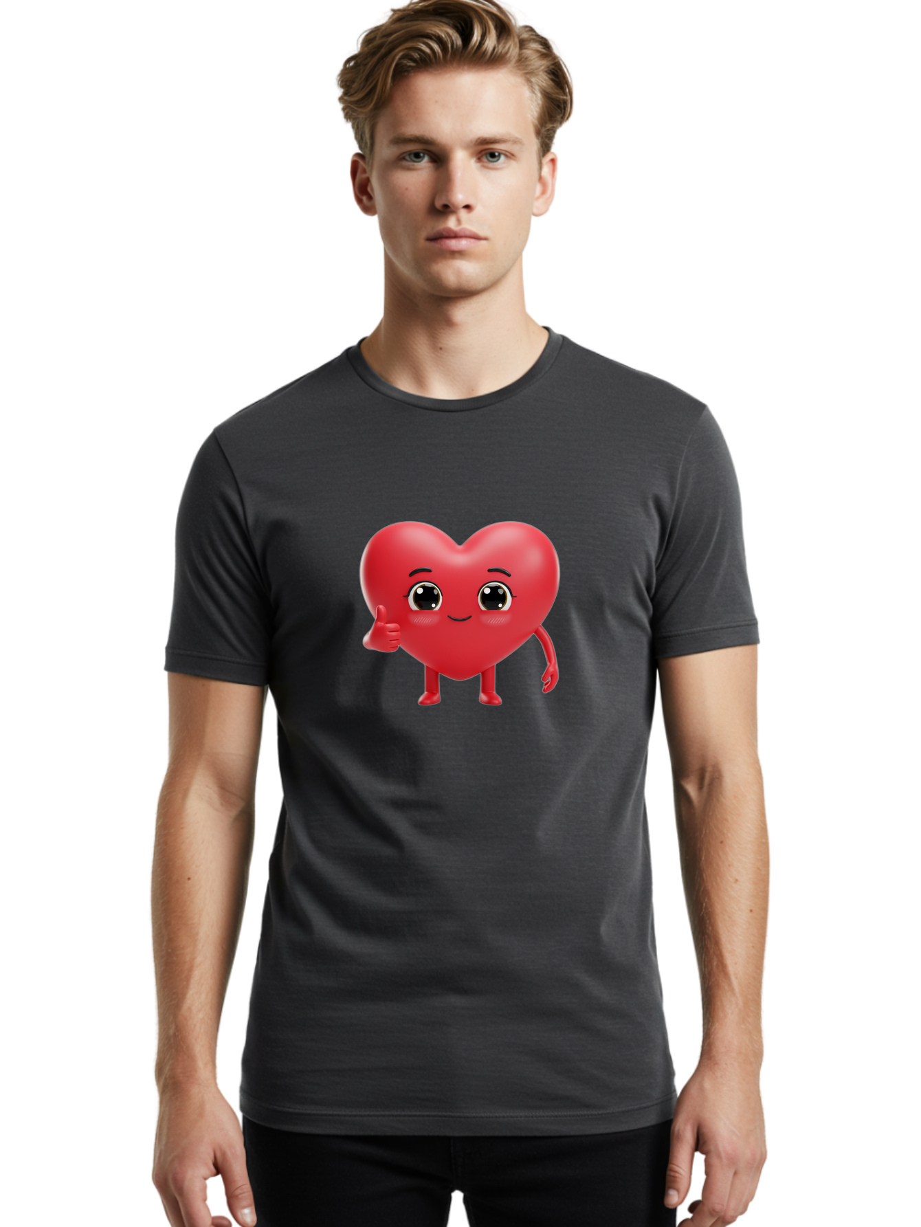 Red-Heart-Character-1 Men'S Graphic Tee, 100% Cotton, Comfortable Casual Summer Wear, Machine Washable, Cartoon Heart, Smiling Face, Thumbs Up, Cute Character, Heart Emoji, Love Symbol, Friendly Icon, Digital Illustration, 3D Rendering, Bae249 25